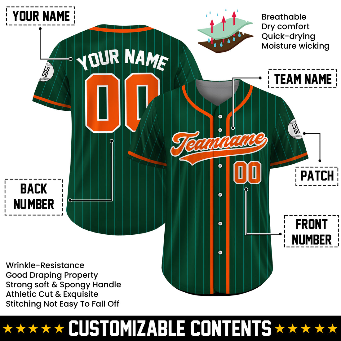 Custom Dark Green and Orange Pinstripe Baseball Jersey, Personalized Team Uniforms for Men, Women & Youth Fans