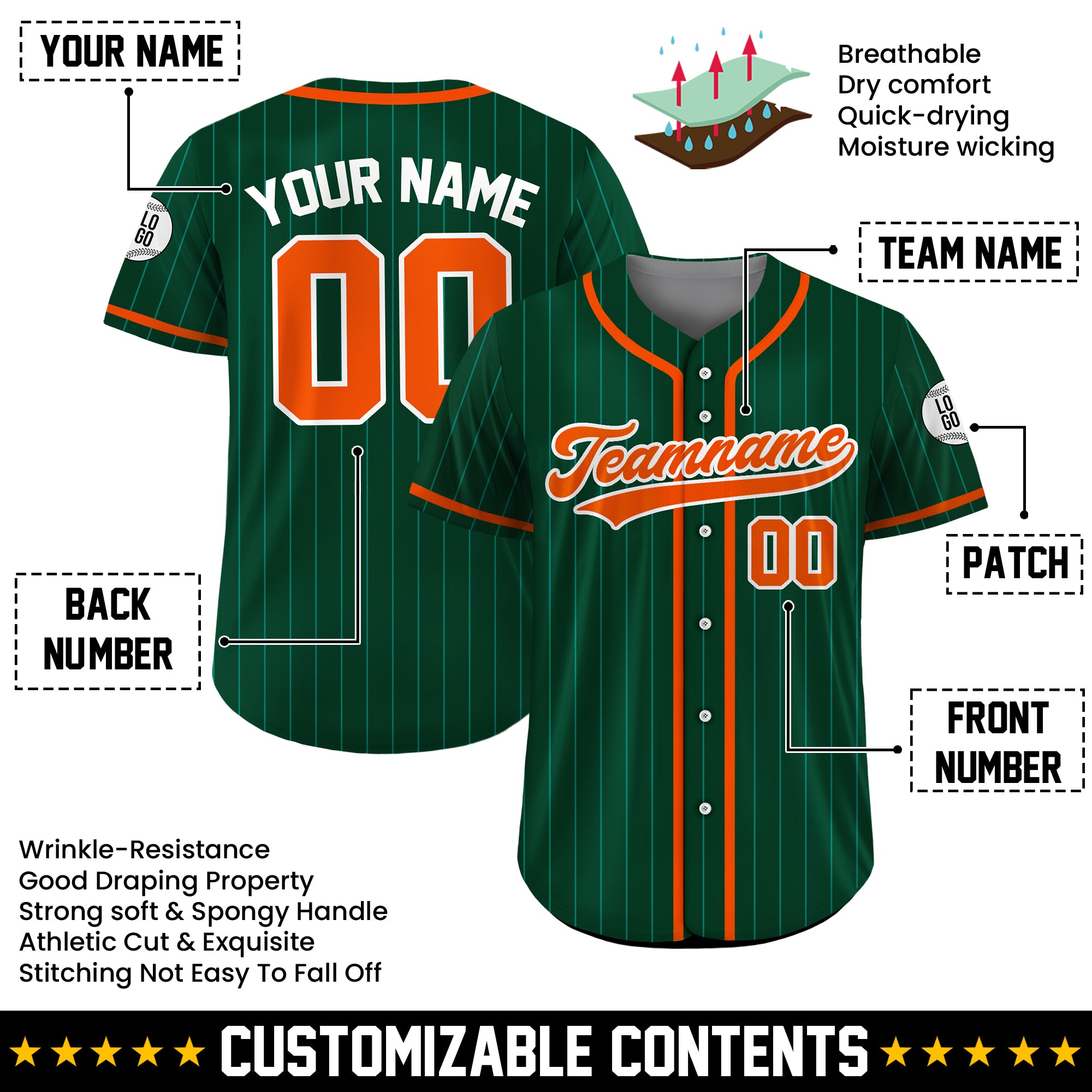 Custom Dark Green and Orange Pinstripe Baseball Jersey, Personalized Team Uniforms for Men, Women & Youth Fans