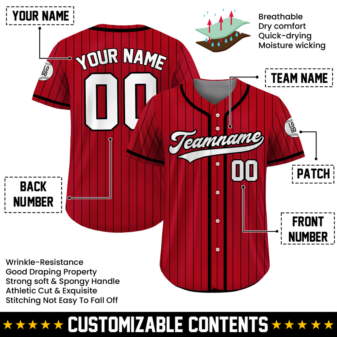 Custom Red and Black Pinstripe Baseball Jersey, Personalized Baseball Jersey For Adult Kid