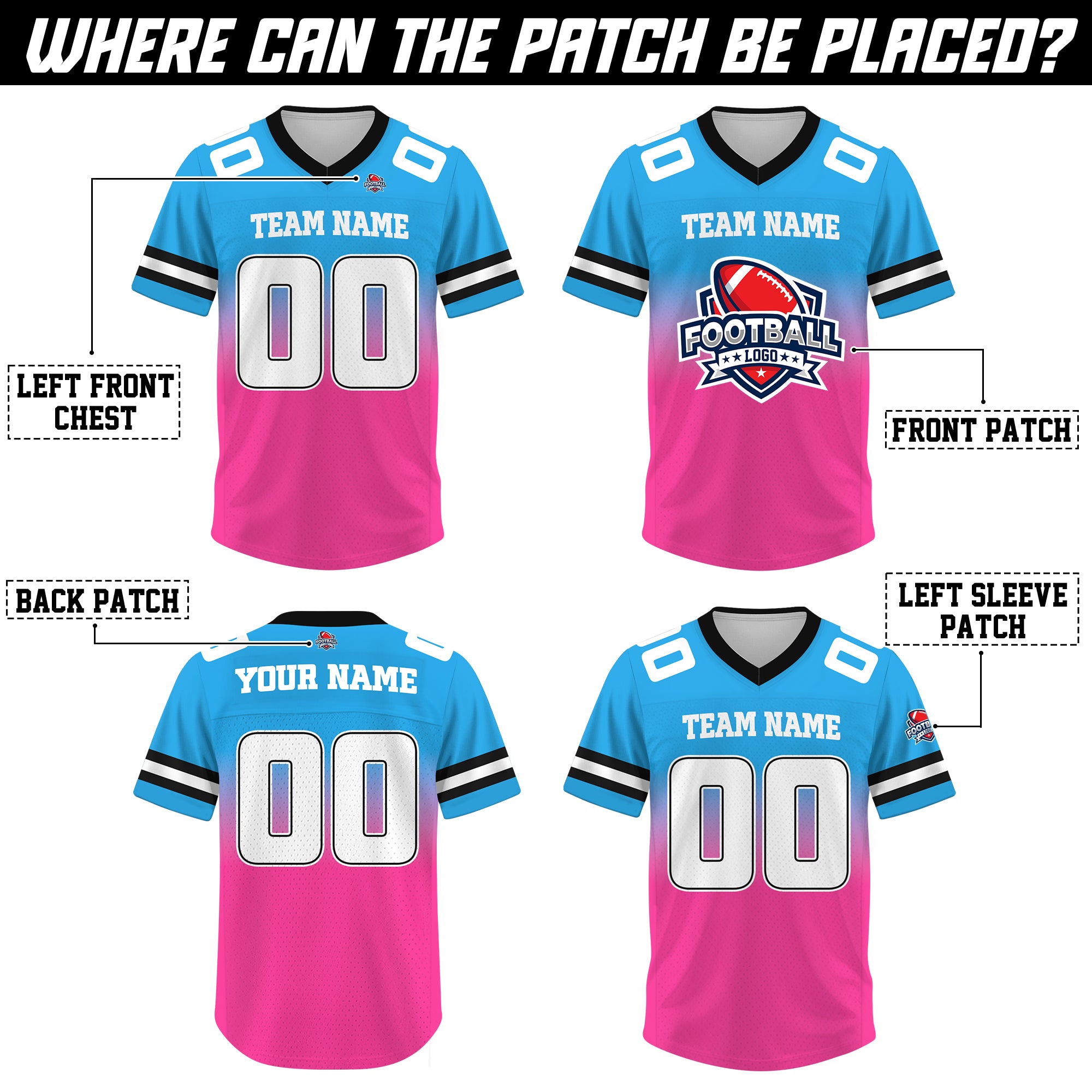 Custom Light Blue Pink Gradient Football Jersey, Personalized Team Name Number Football Jersey for Men Women Youth