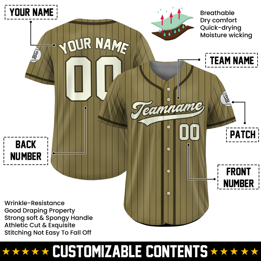 Custom Olive Green Pinstripe Baseball Jersey, Personalized Baseball Jersey with Teamname Name Number
