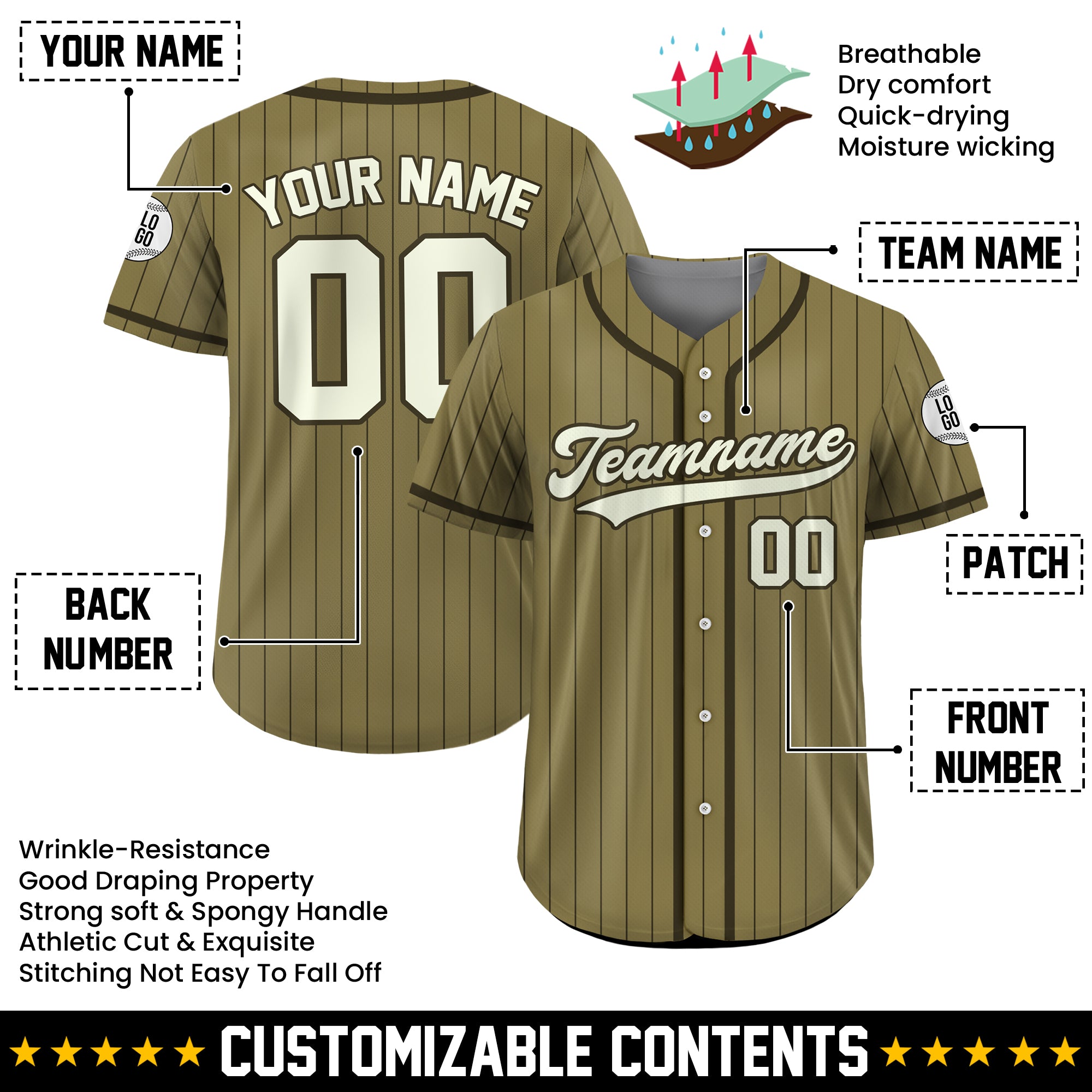 Custom Olive Green Pinstripe Baseball Jersey, Personalized Baseball Jersey with Teamname Name Number