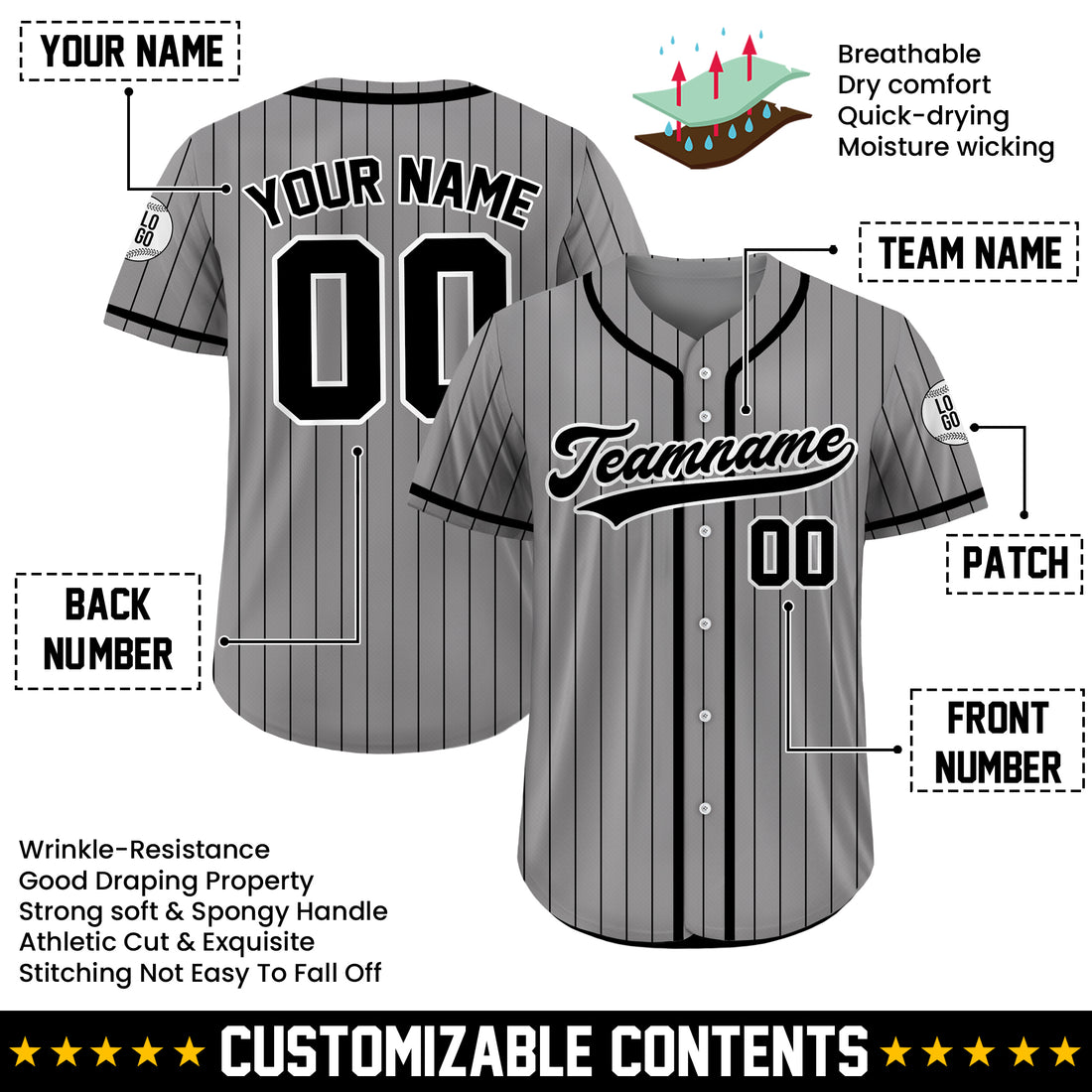 Custom Gray and Black Pinstripe Baseball Jersey, Custom Team Uniform Baseball Jersey All Sizes