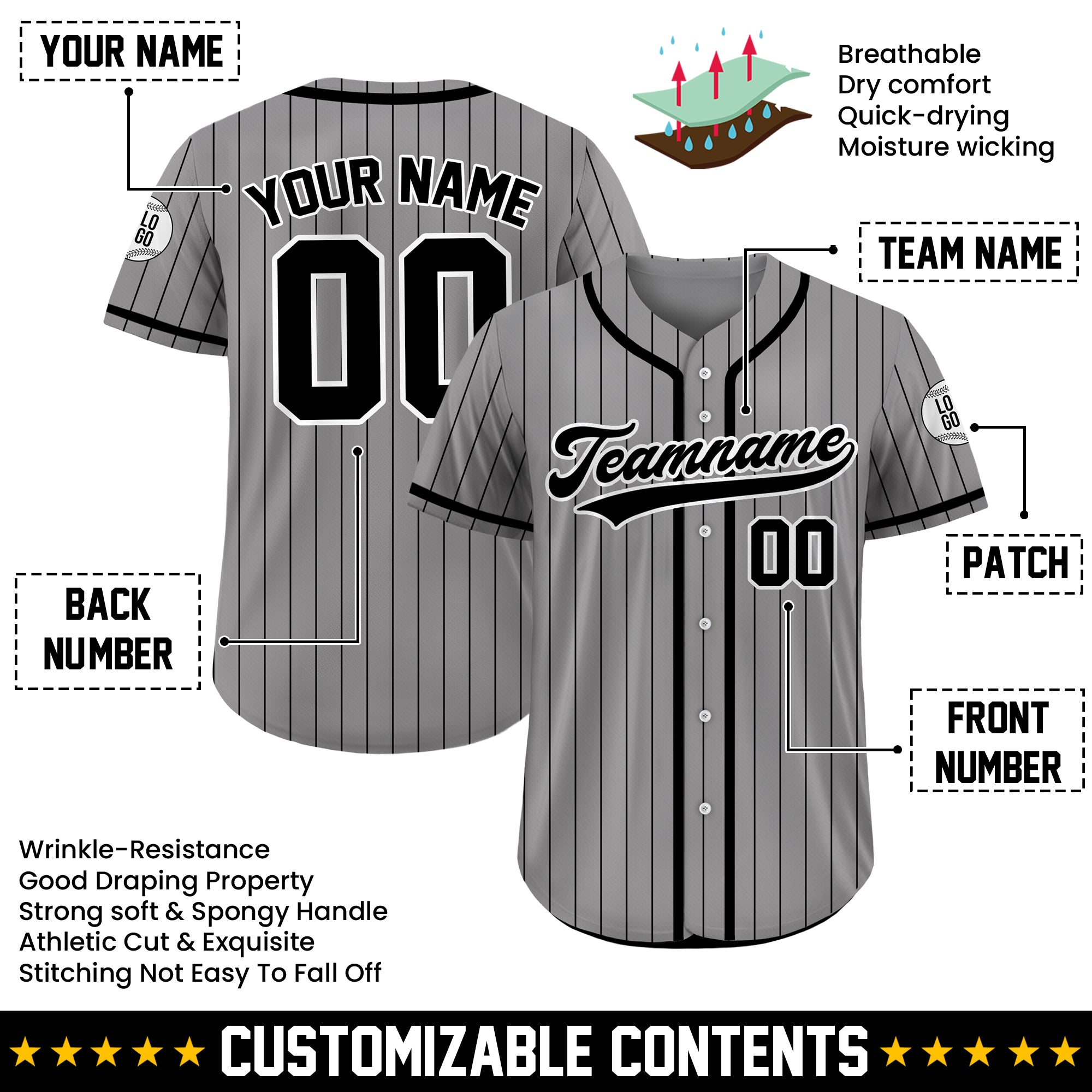 Custom Gray and Black Pinstripe Baseball Jersey, Custom Team Uniform Baseball Jersey All Sizes