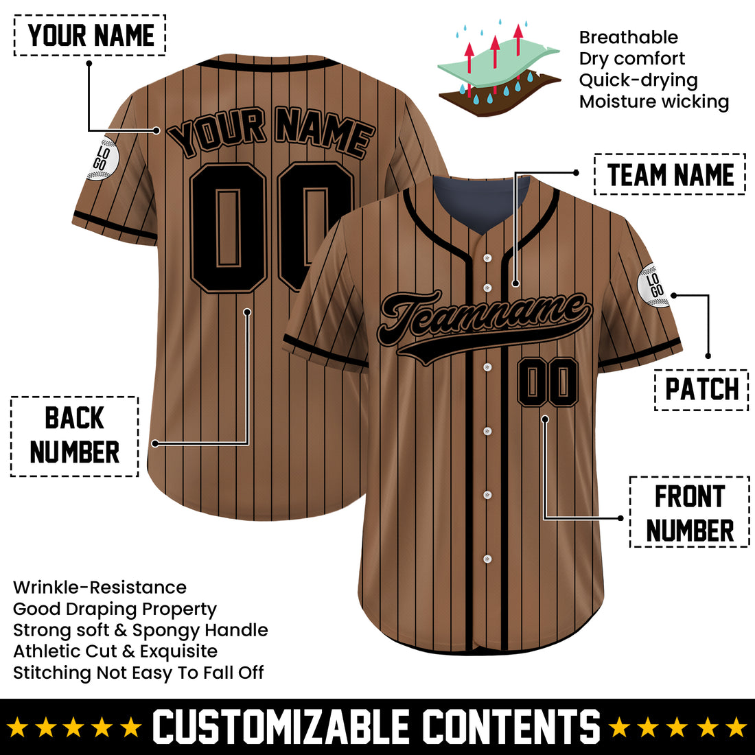 Custom Brown and Black Pinstripe Baseball Jersey, Personalized Baseball Uniforms for Team