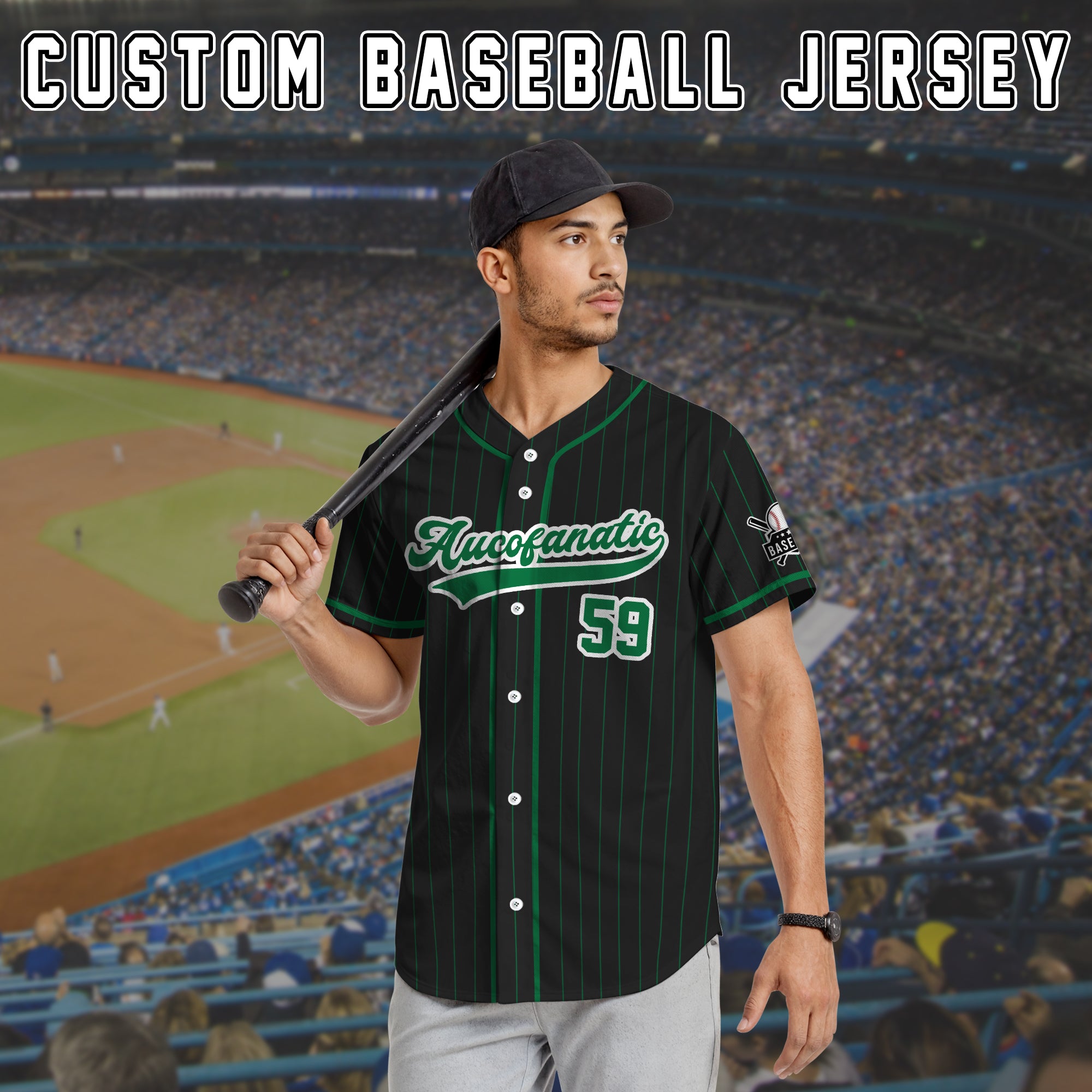 Custom Black and Green Pinstripe Baseball Jersey, Custom Team Name Number Logo Baseball Jersey