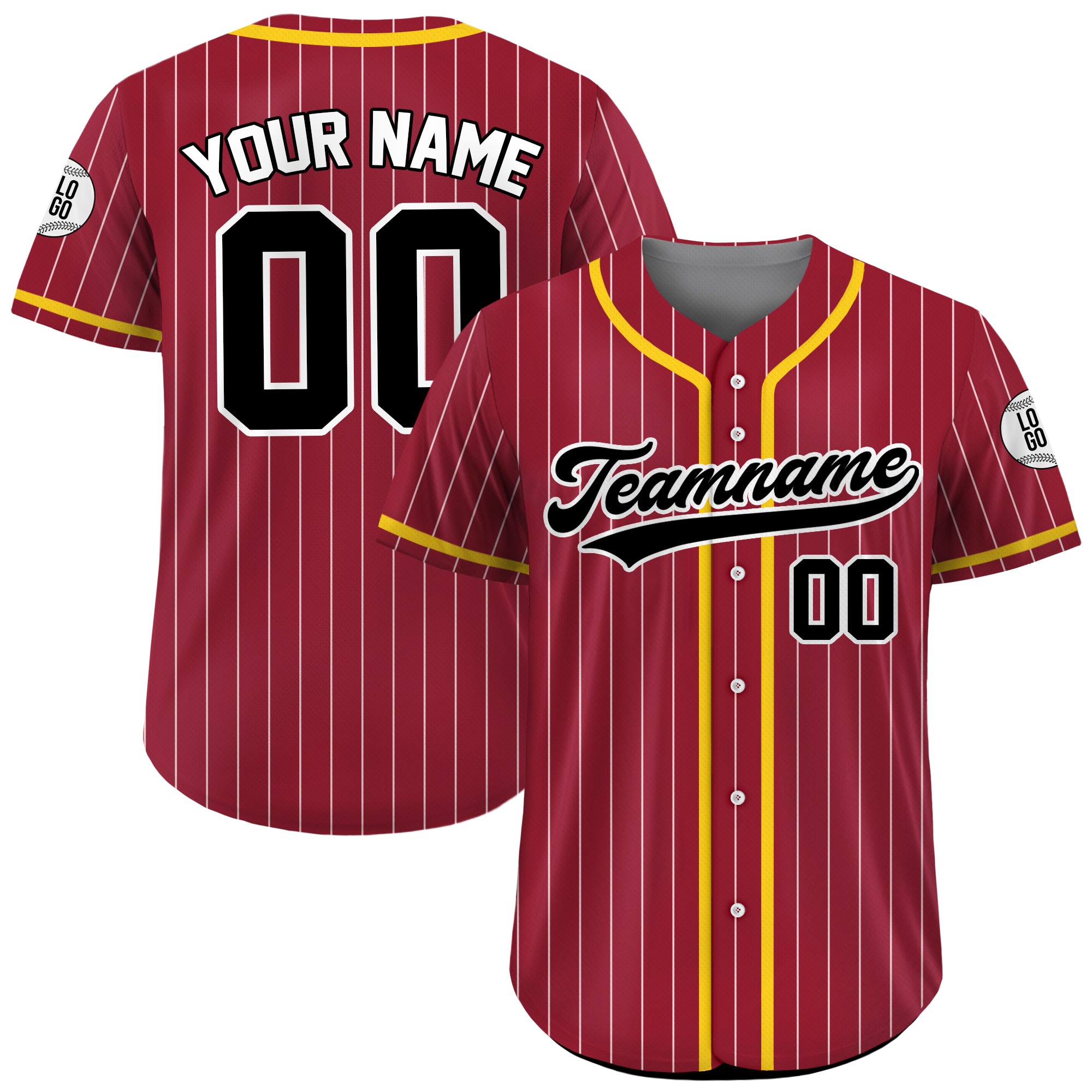 Custom Maroon Pinstripe Baseball Jersey with Gold Trim, Personalized Gift for Men, Women, Dad, Sports Fans