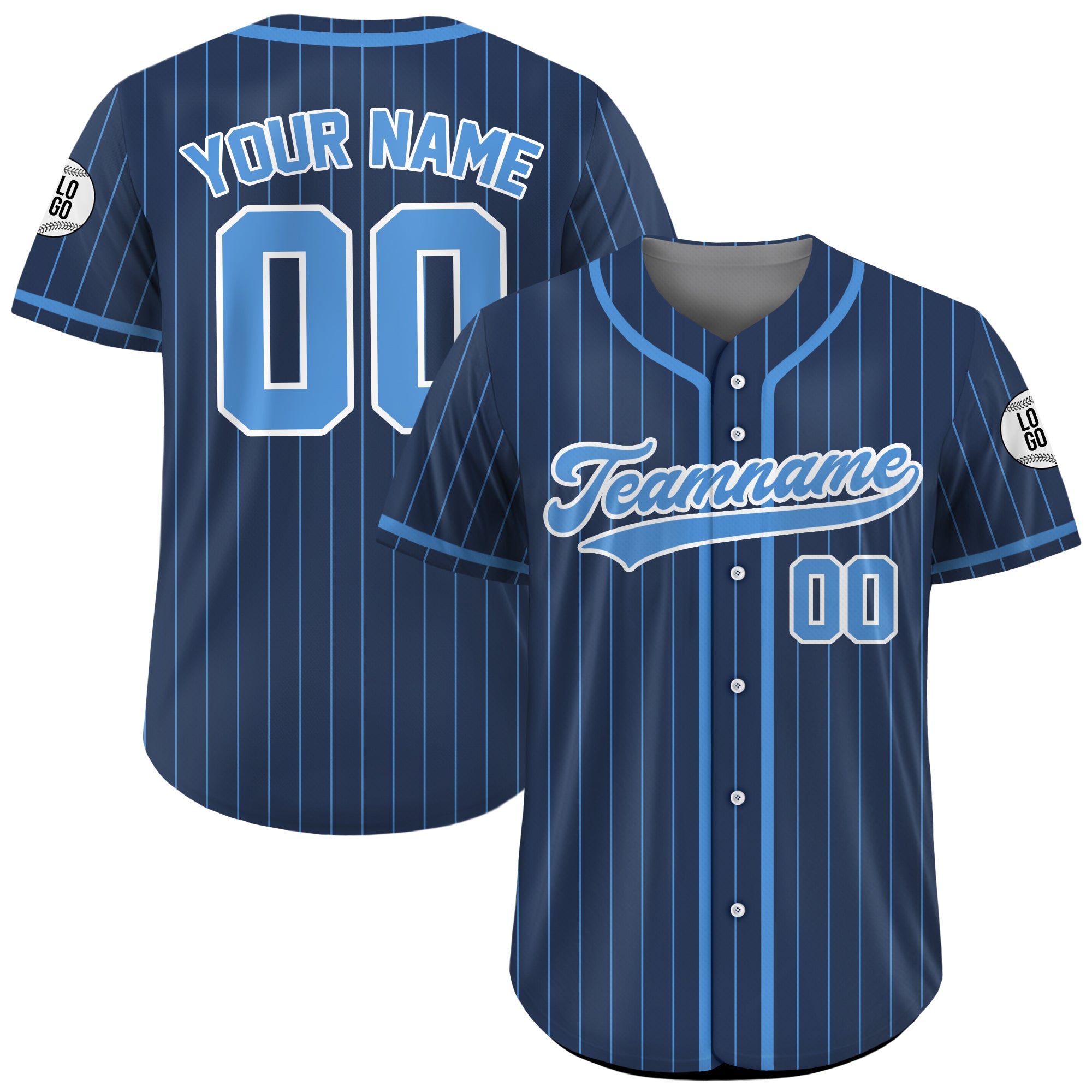 Custom Navy Blue and Sky Blue Pinstripe Baseball Jersey, Personalized Family Baseball Jersey