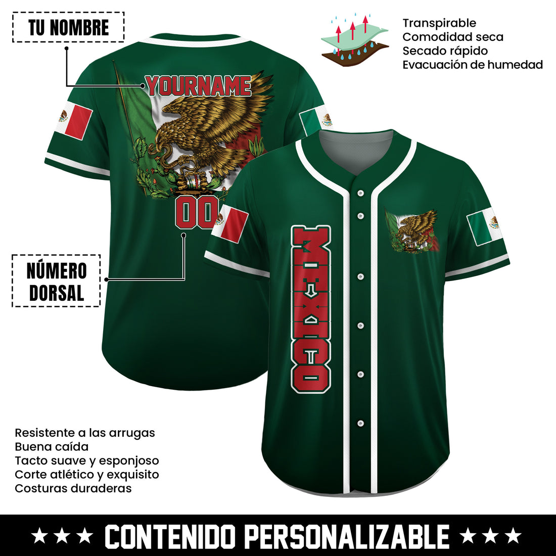 Camiseta de Béisbol Viva México Verde Personalizada