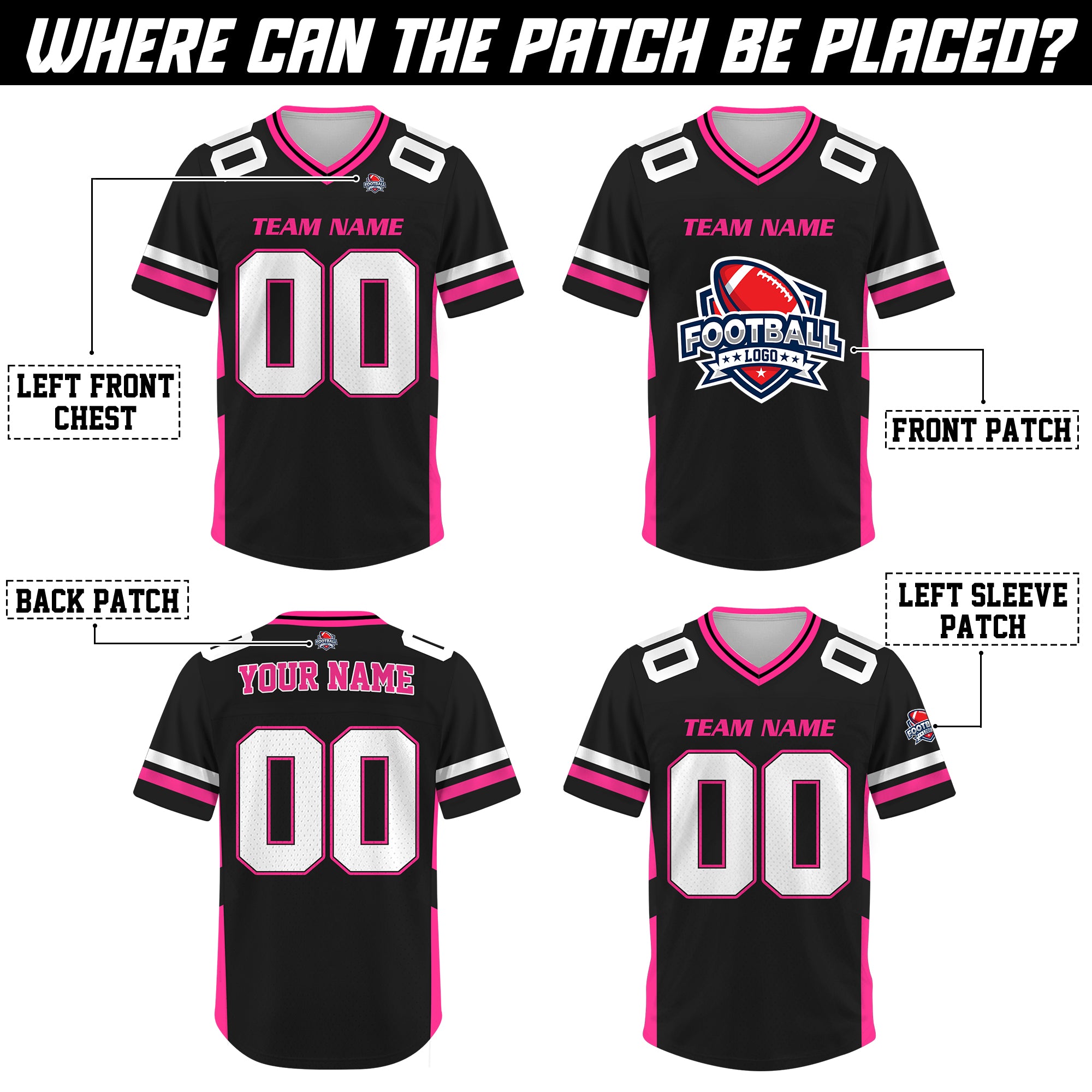 Custom Black Pink Football Jersey, Personalized Name Number Logo Football Jerseys for Men Women Youth