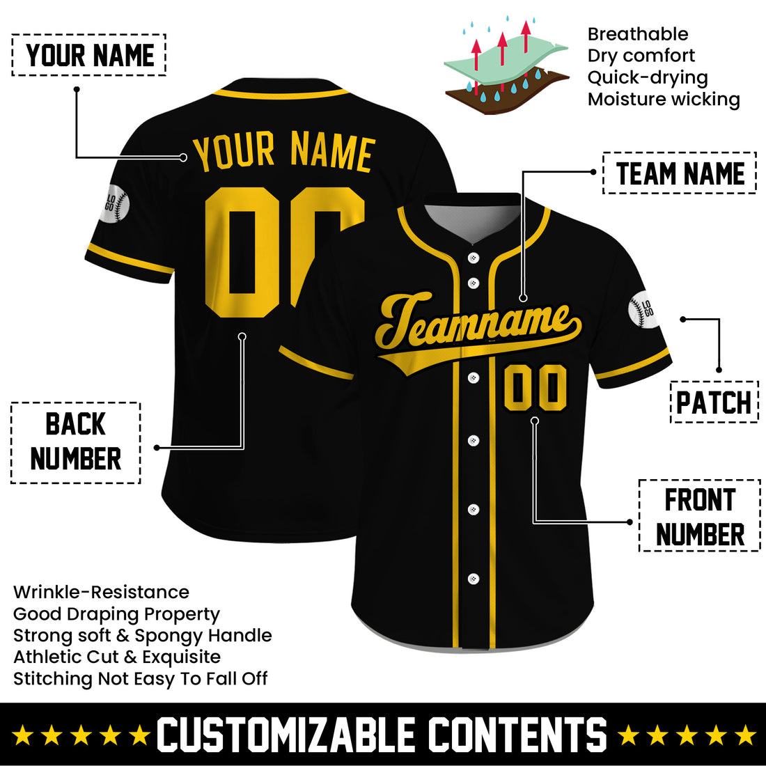 Custom Black Yellow Classic Baseball Jersey