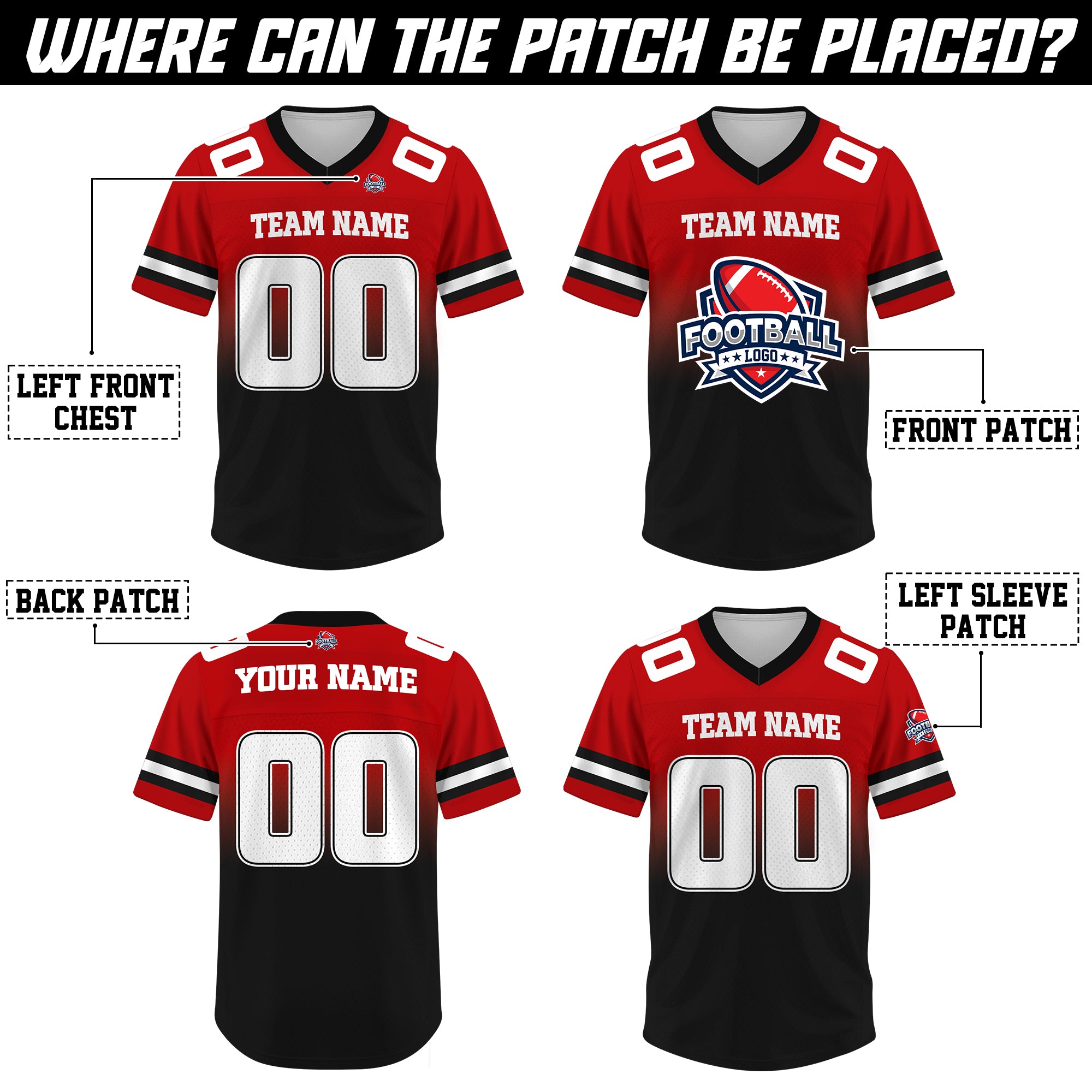 Custom Red Black Gradient Football Jersey, Personalized Team Name Number Football Jersey for Men Women Youth