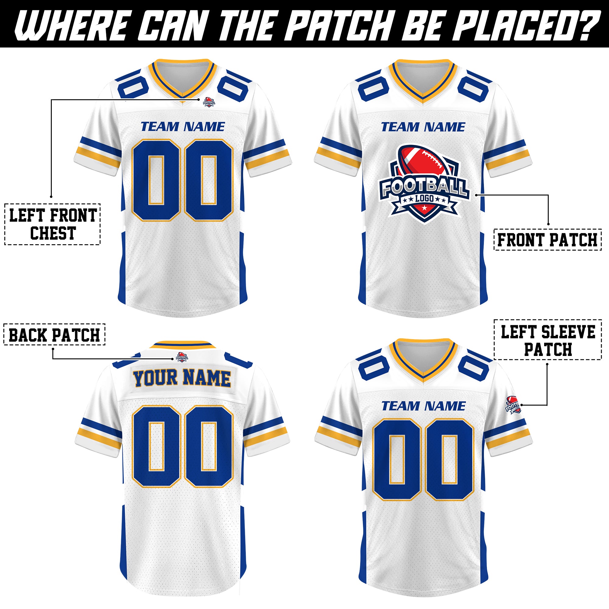 Custom White Blue Gold Football Jersey, Personalized Team Name & Number Football Jersey for Men Women Youth