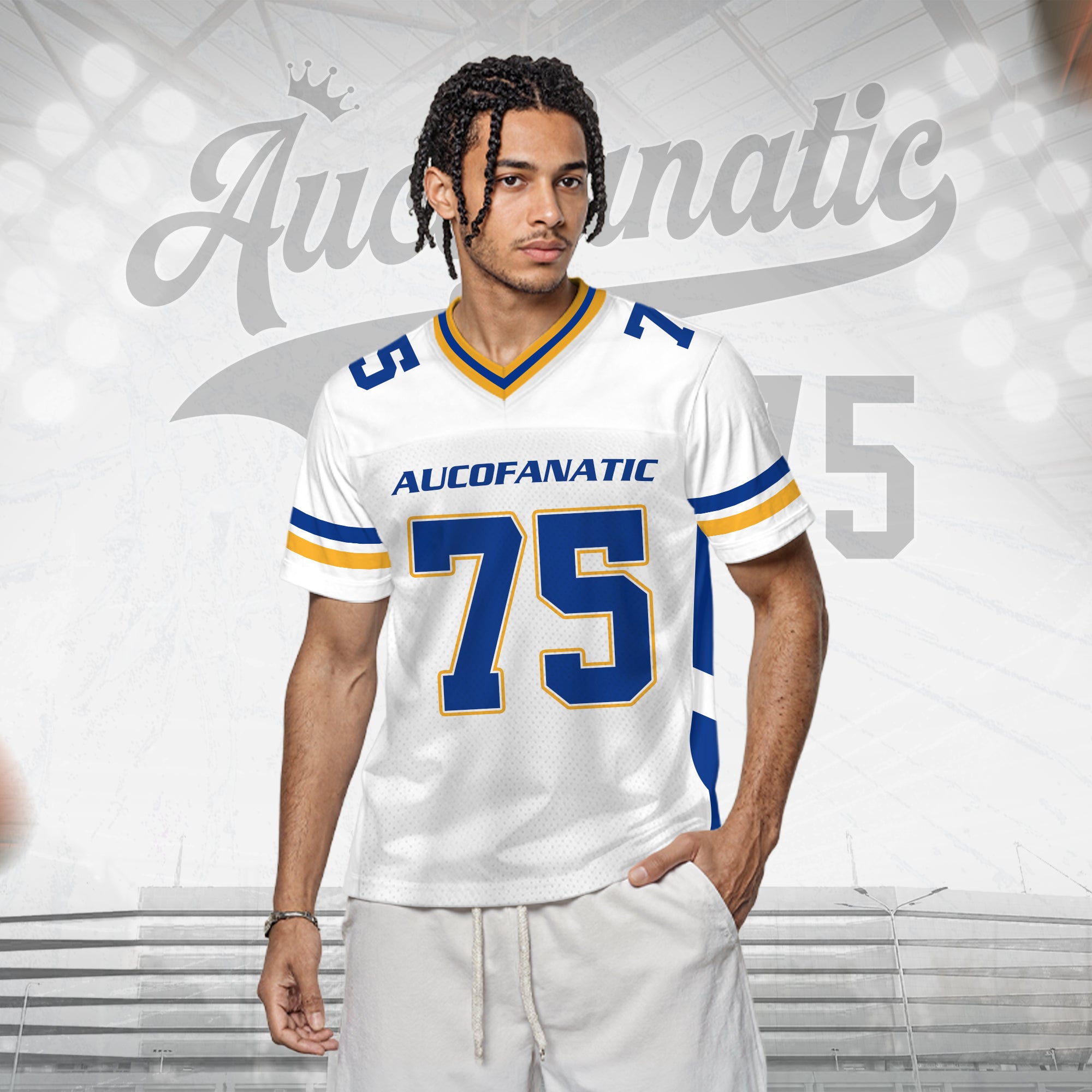 Custom White Blue Gold Football Jersey, Personalized Team Name & Number Football Jersey for Men Women Youth