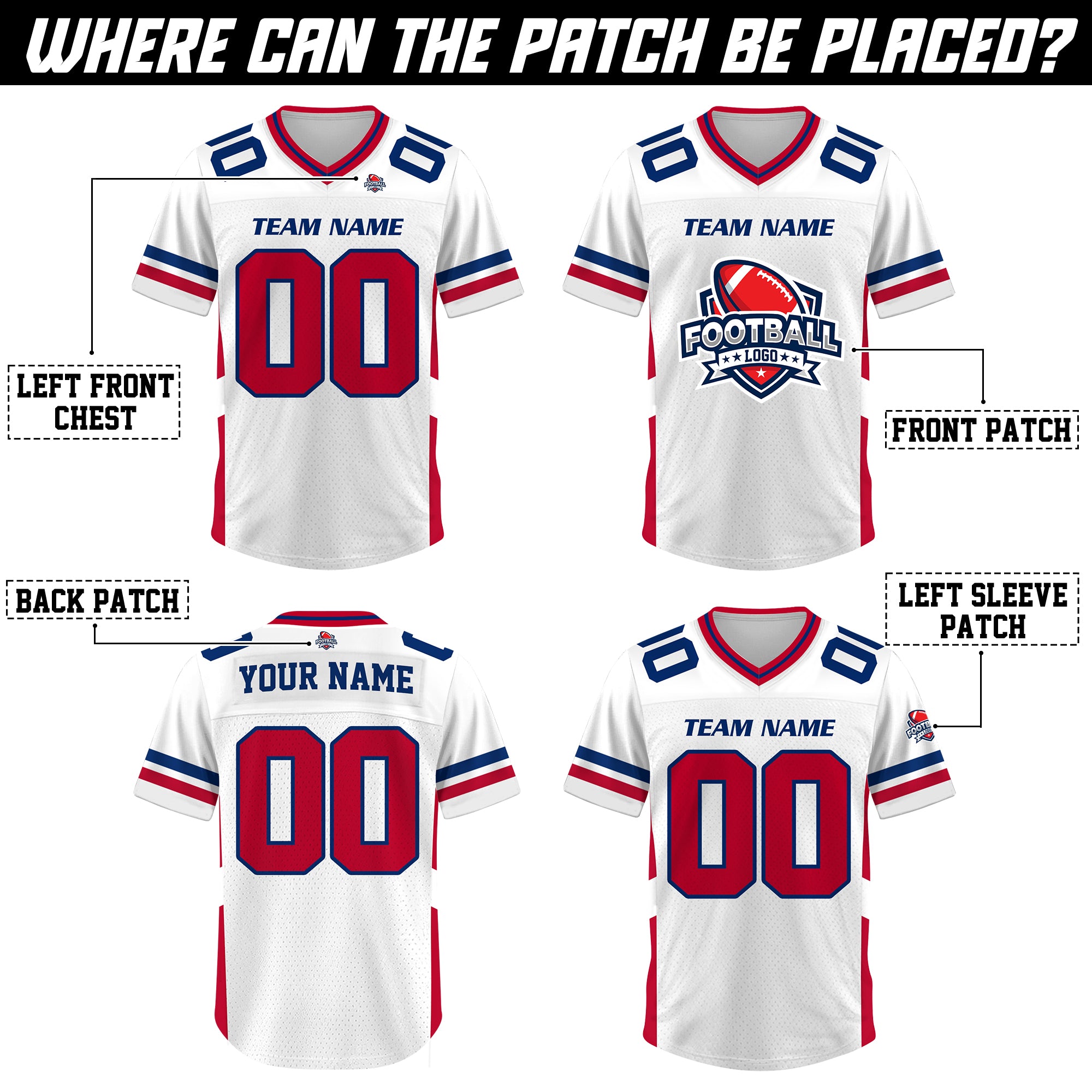 Custom White Red Blue Football Jersey, Game Day Outfit For American Football Fan