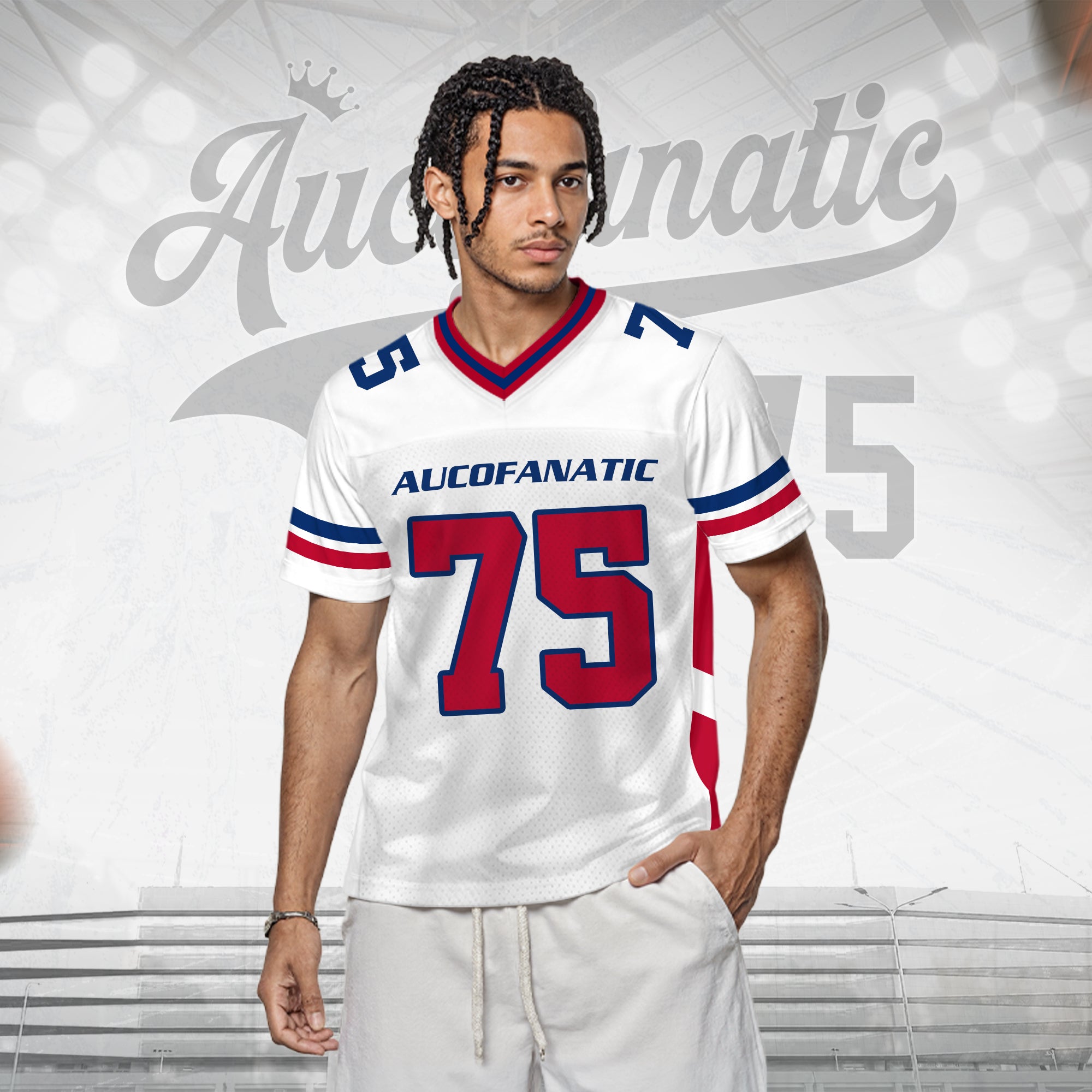 Custom White Red Blue Football Jersey, Game Day Outfit For American Football Fan