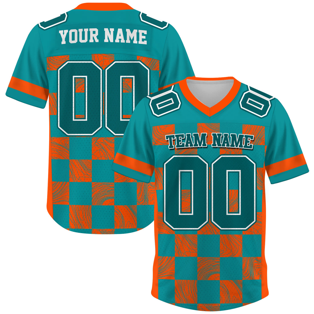 Custom Aqua Orange Chess Pattern Football Jersey, Gift For Fan Football Team Shirt