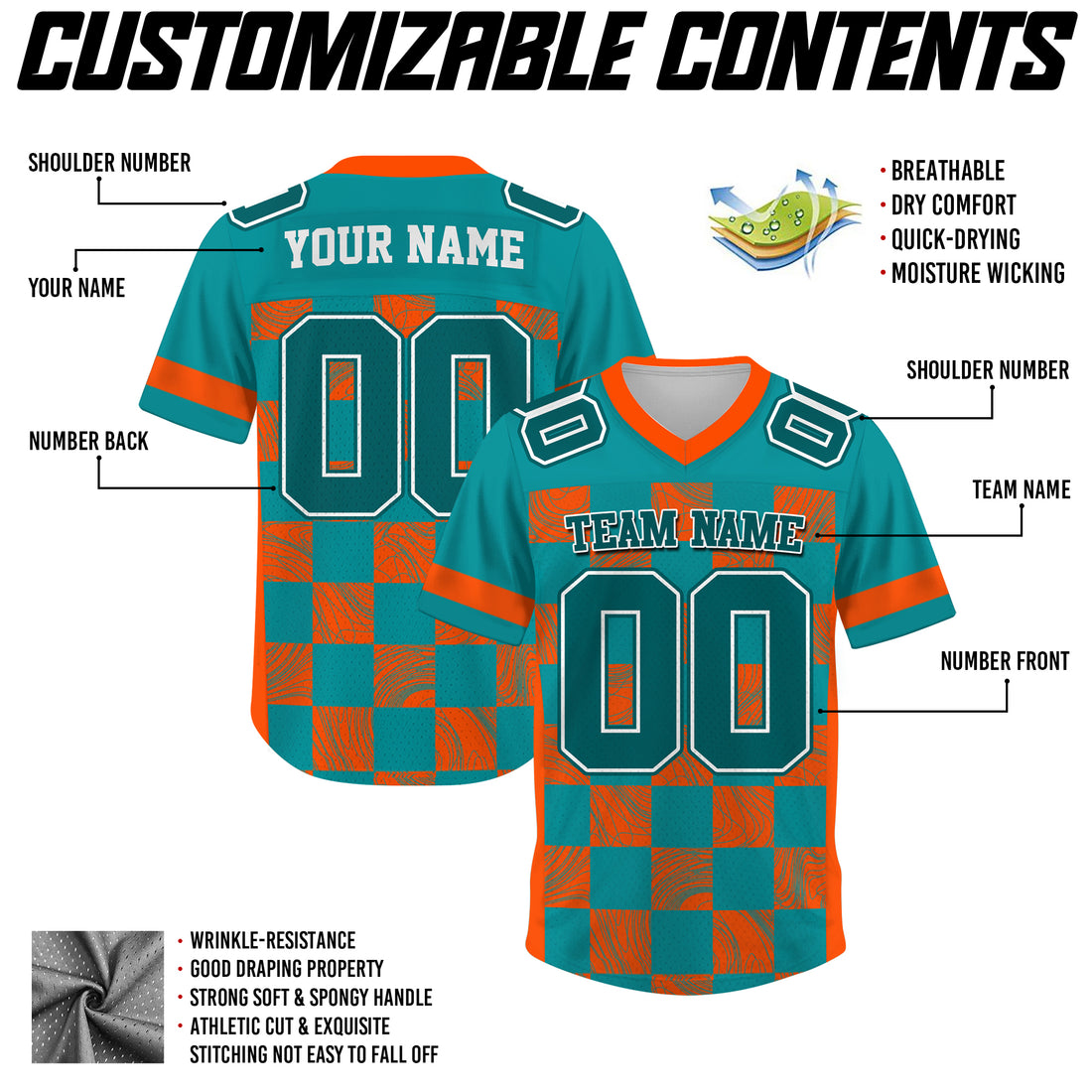 Custom Aqua Orange Chess Pattern Football Jersey, Gift For Fan Football Team Shirt