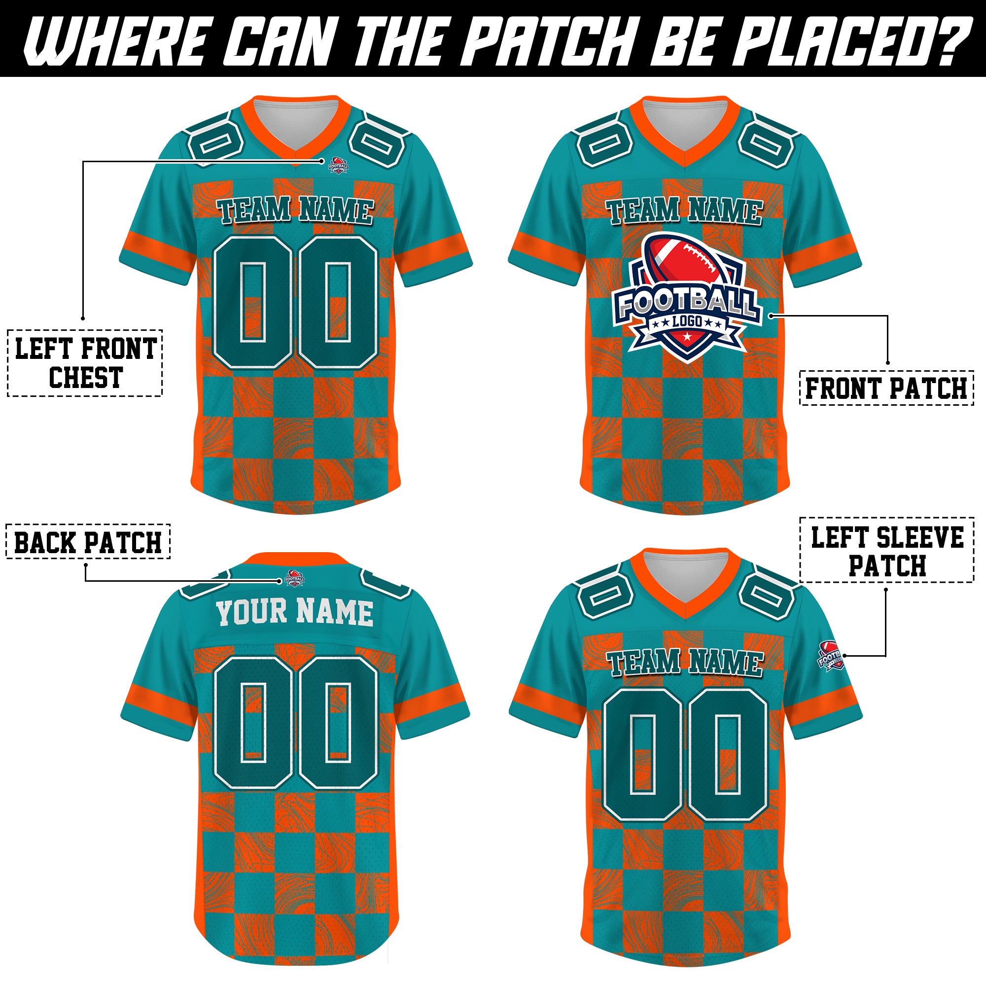 Custom Aqua Orange Chess Pattern Football Jersey, Gift For Fan Football Team Shirt