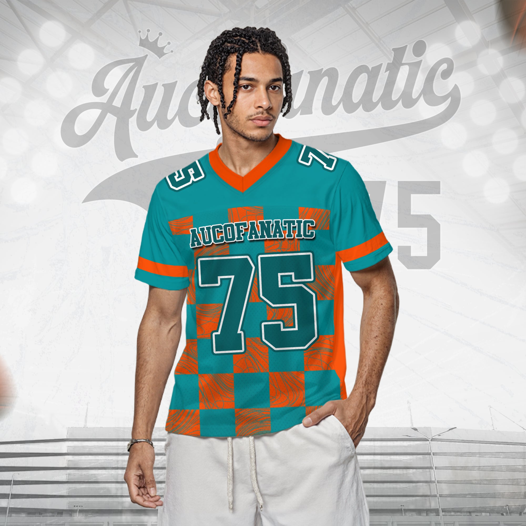 Custom Aqua Orange Chess Pattern Football Jersey, Gift For Fan Football Team Shirt