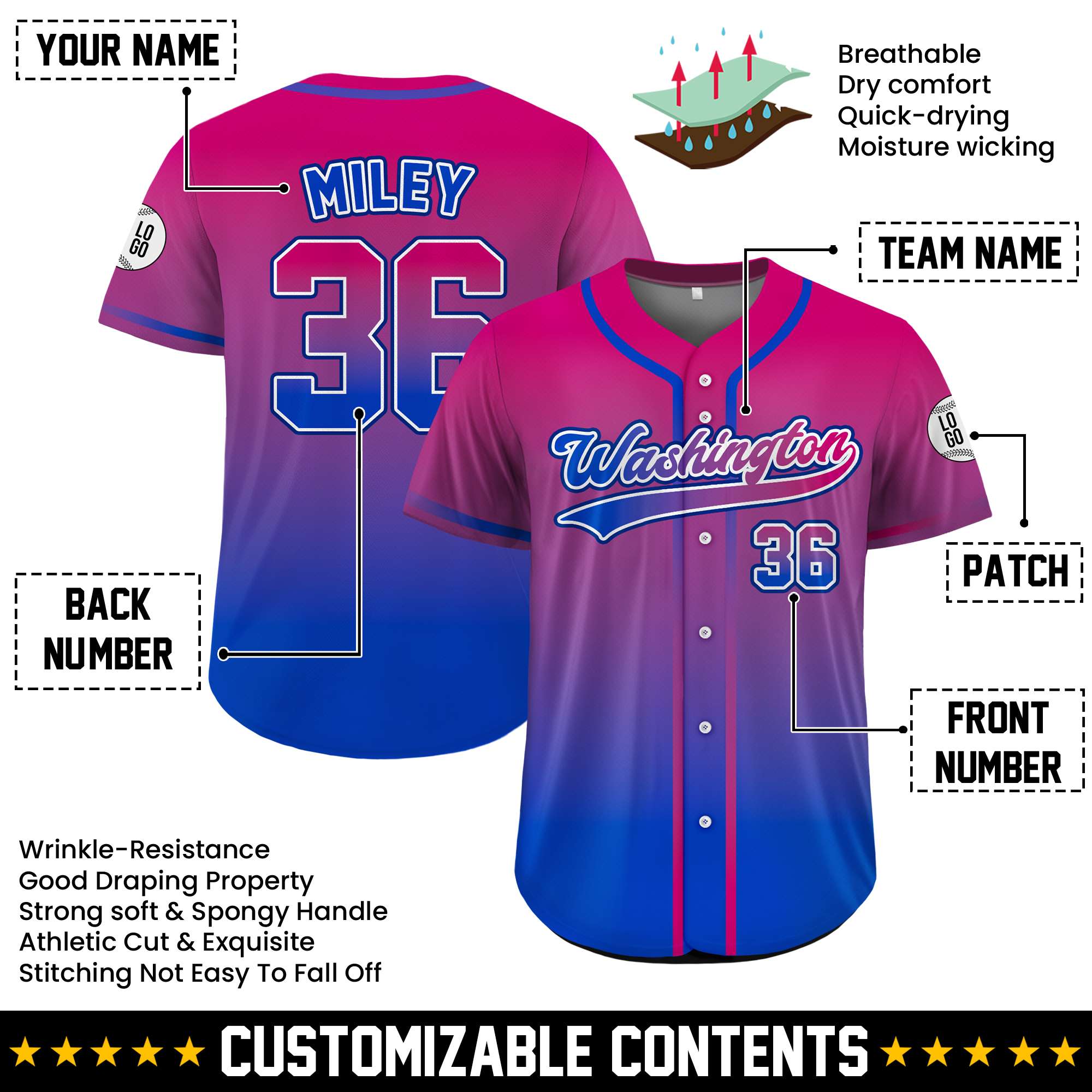 Custom Bisexual Pride Gradient Baseball Jersey