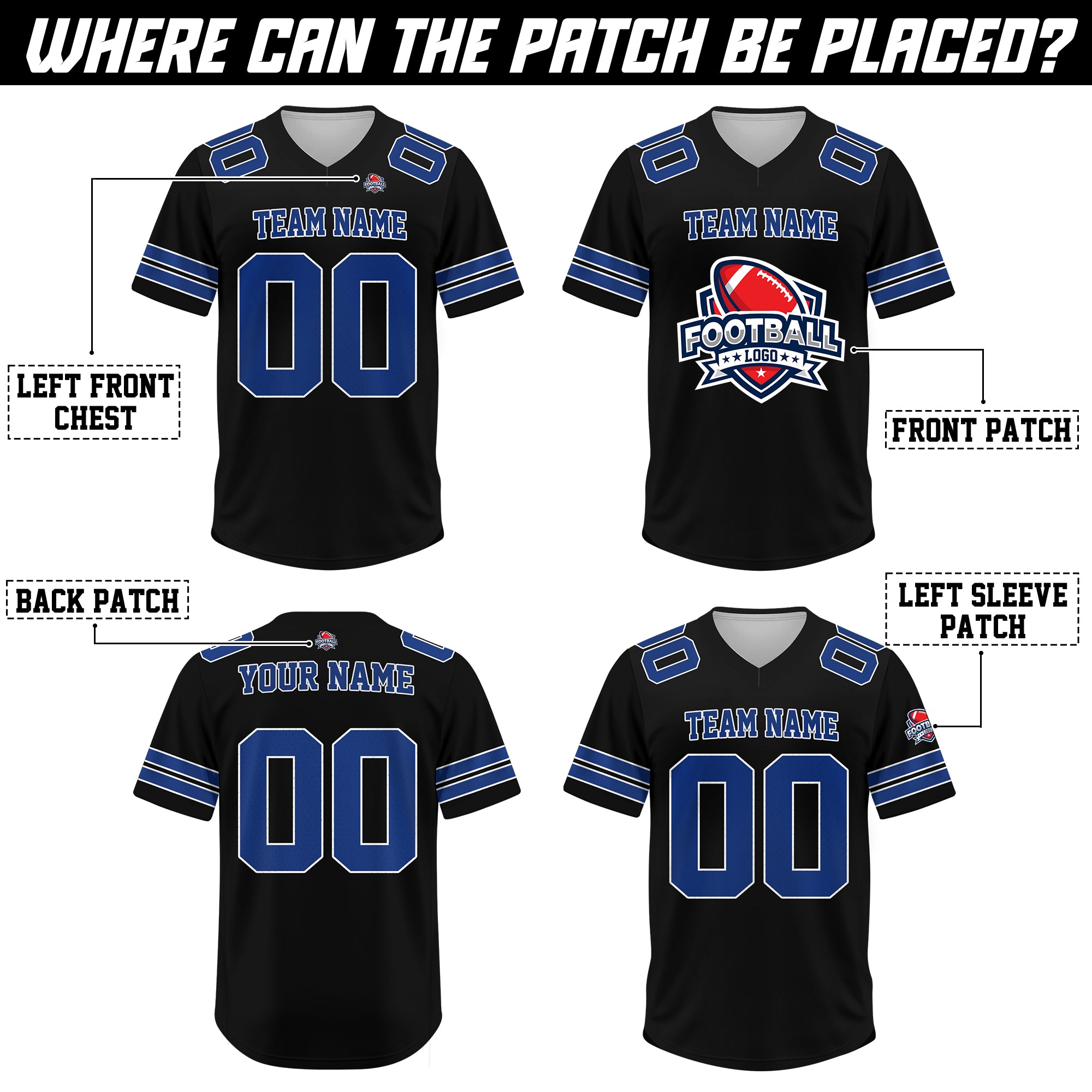 Custom Black Blue Football Jersey, Game Day Outfit For American Football Fan