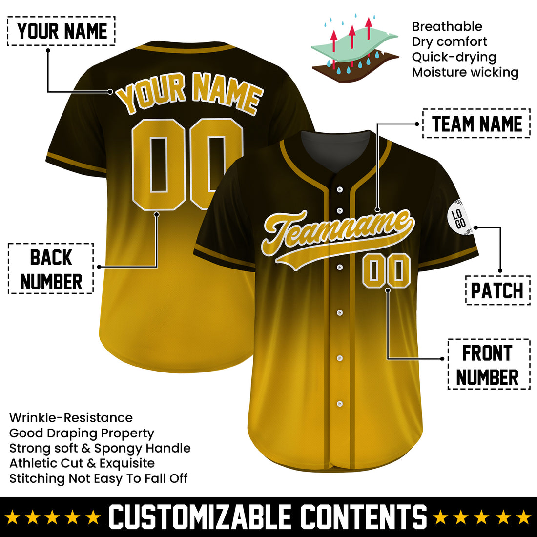 Custom Black Gold Fade Gradient Baseball Jersey