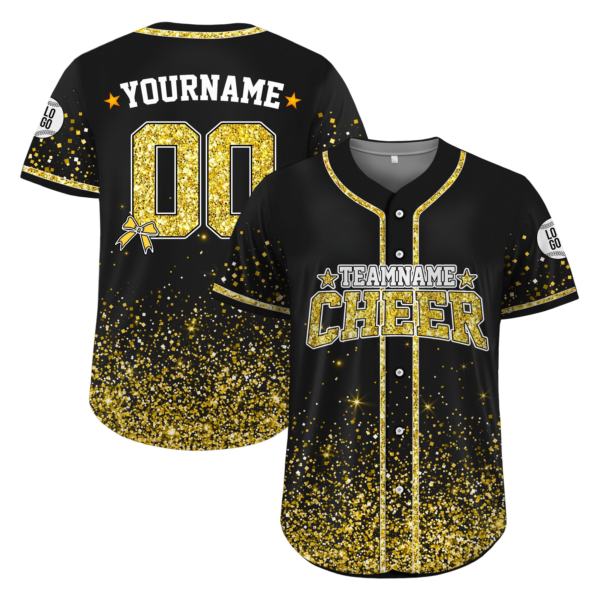 Custom Black Gold Glitter Cheer Baseball Jersey, Custom Cheerleading Uniform for Squads Individuals