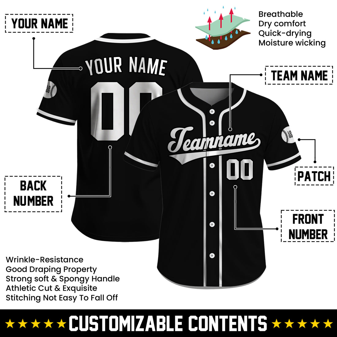 Custom Black Monochrome Classic Baseball Jersey