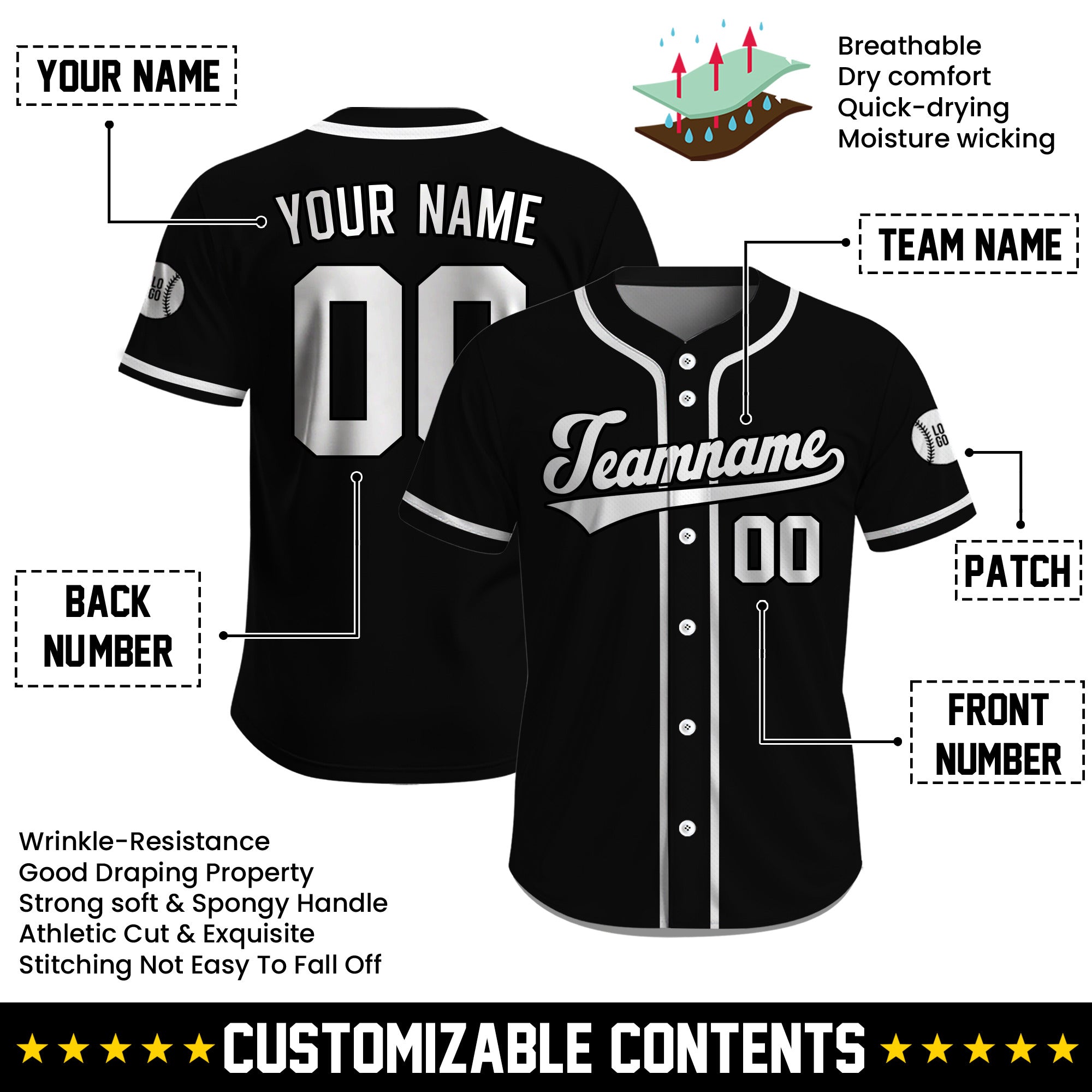 Custom Black Monochrome Classic Baseball Jersey