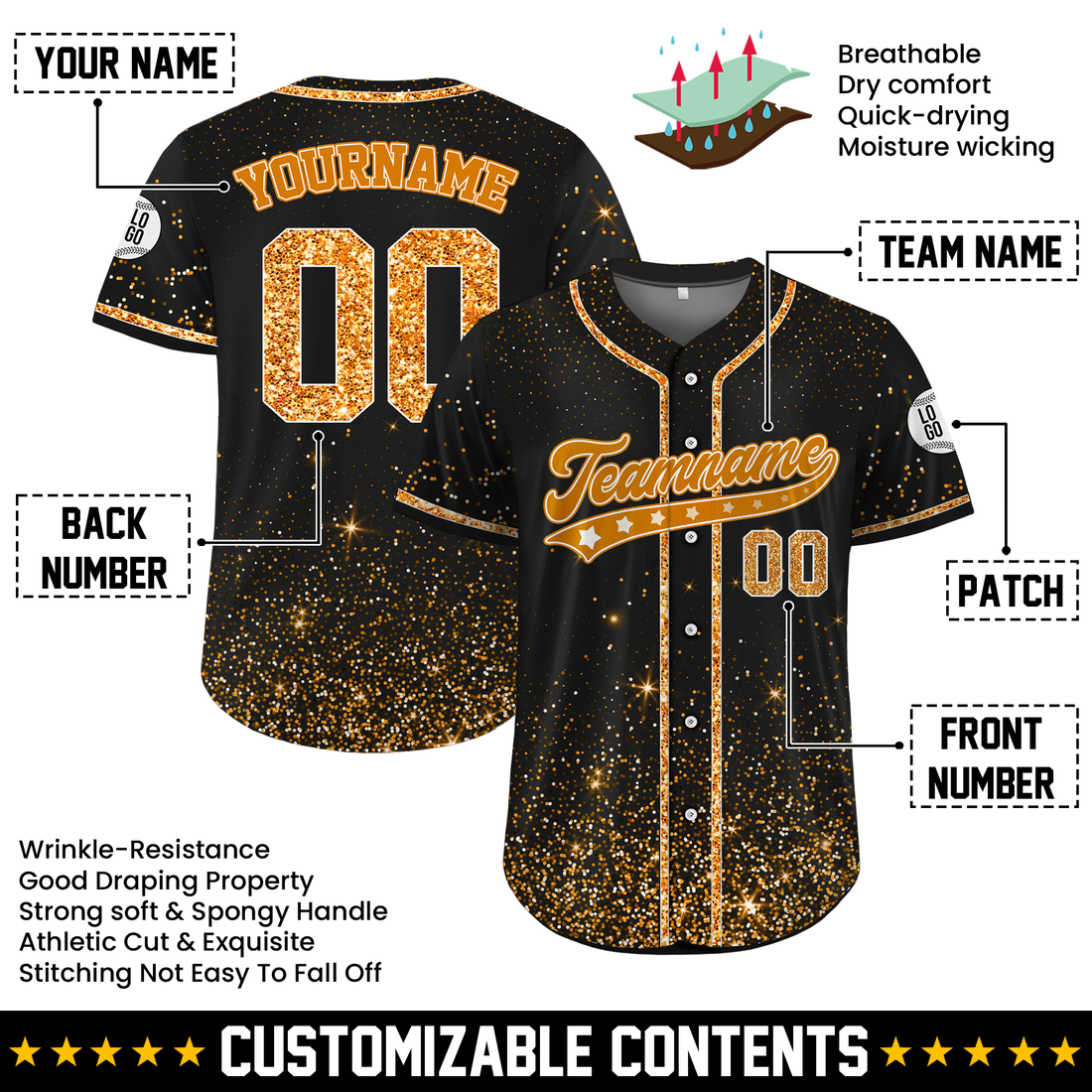 Custom Black Orange Glitter Cheer Baseball Jersey, Personalized Cheer Uniforms for Squad Practice Games