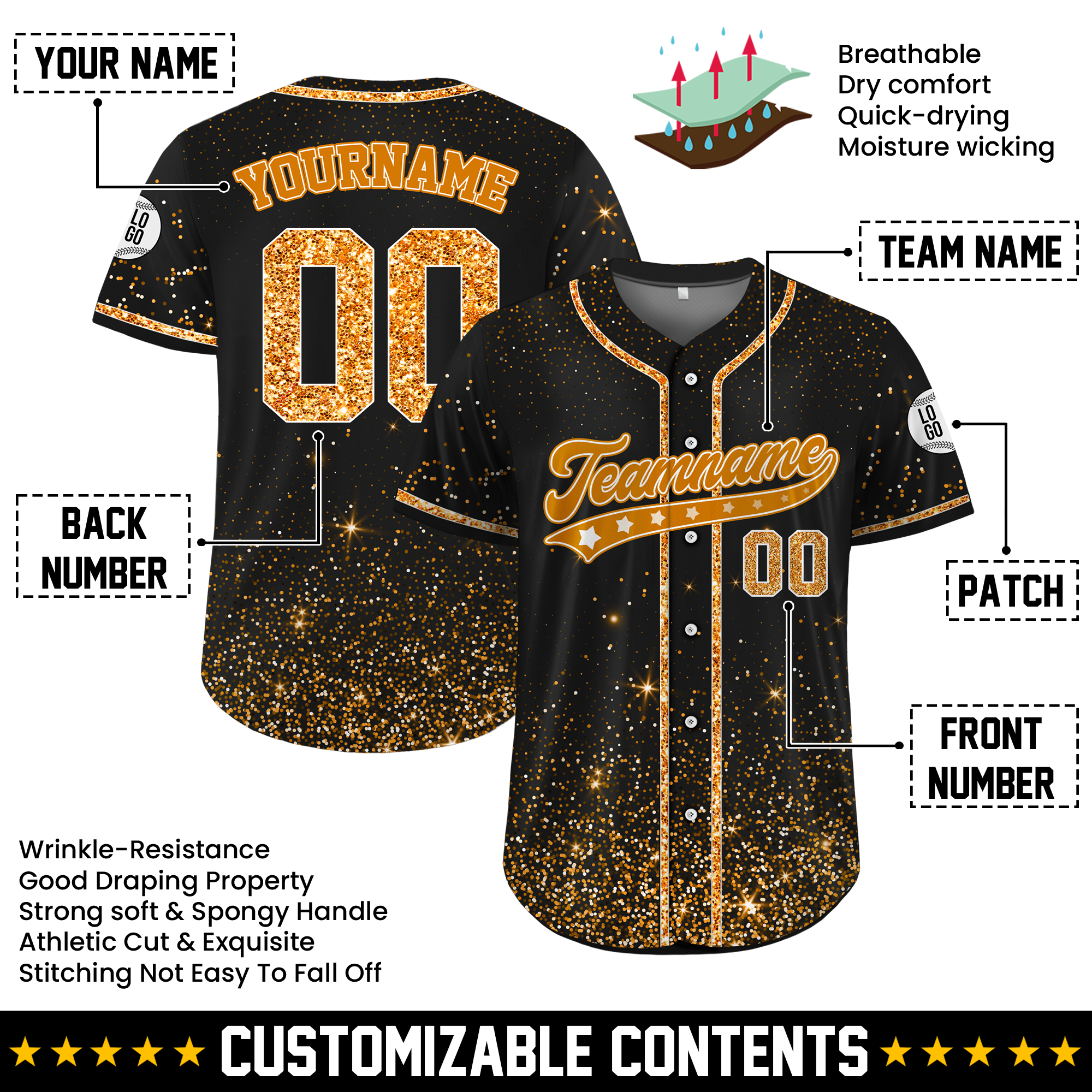 Custom Black Orange Glitter Cheer Baseball Jersey, Personalized Cheer Uniforms for Squad Practice Games