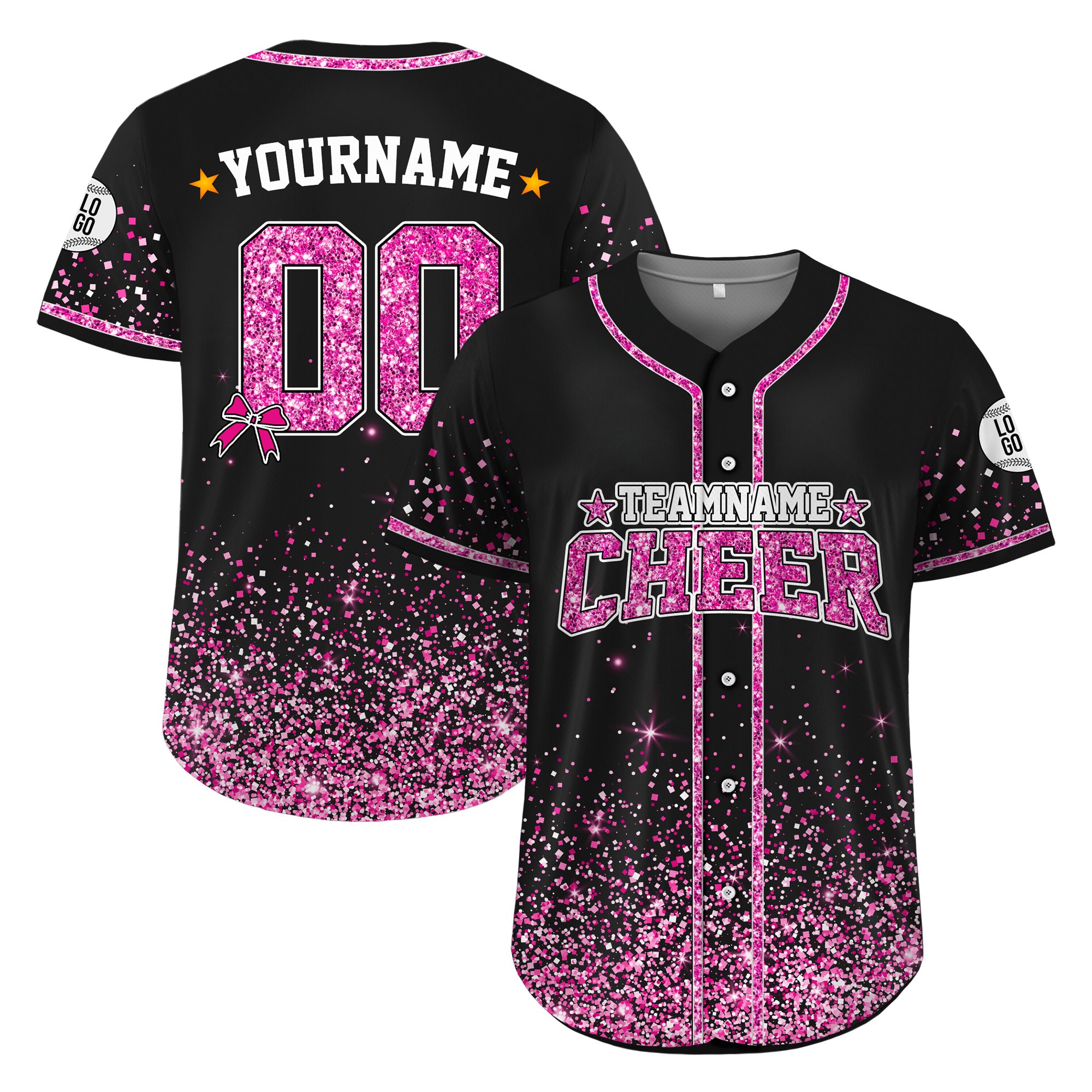 Custom Black Pink Glitter Cheer Baseball Jersey, Personalized Cheerleading Team Shirt