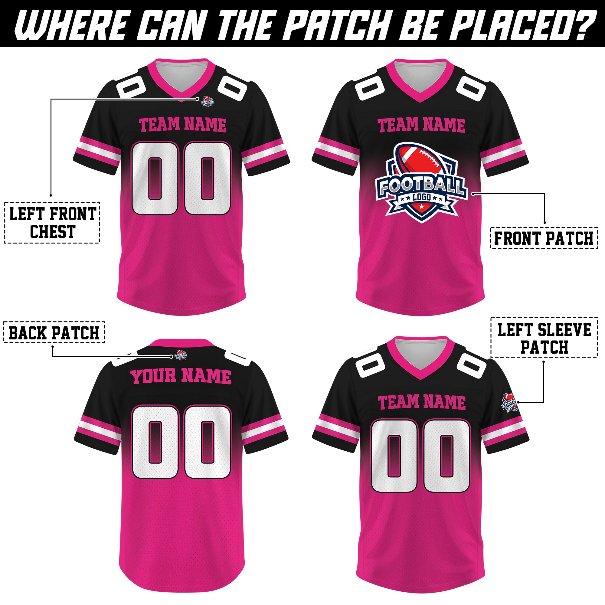 Custom Black Pink Gradient Football Jersey, Personalized Team Name Number Football Jersey for Men Women Youth