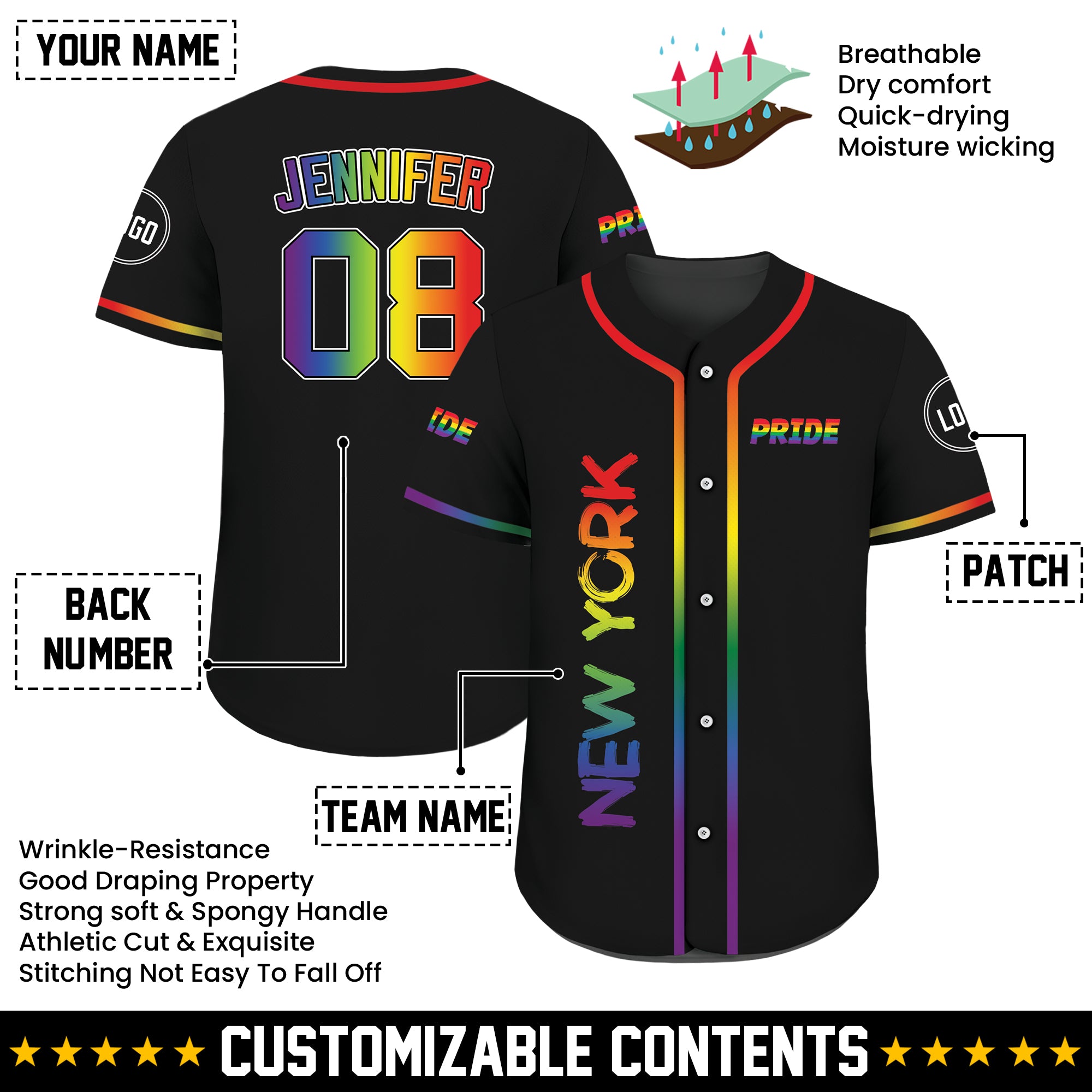 Custom Black Pride Rainbow Lettering Jersey