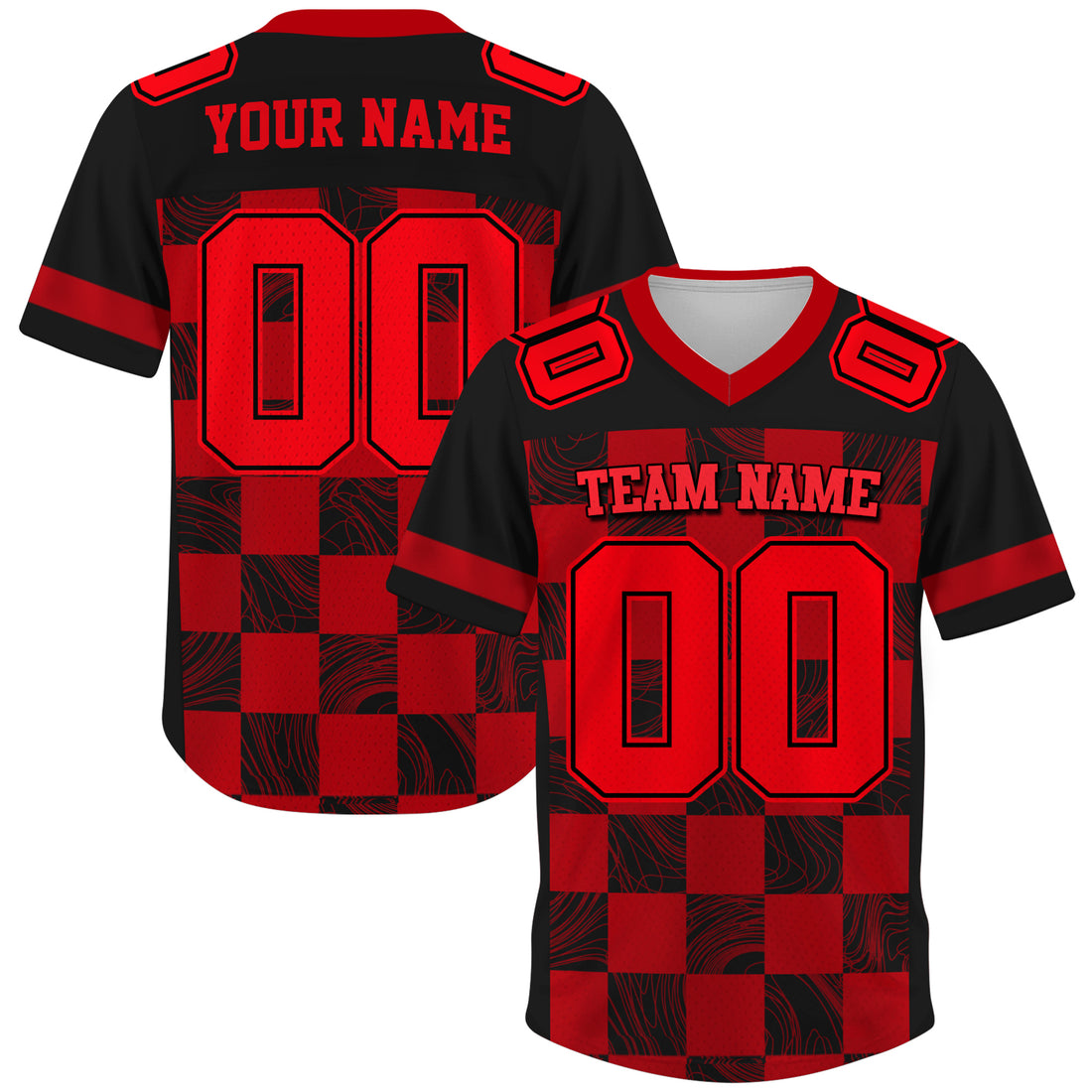 Custom Black Red Chess Pattern Football Jersey, Personalized Football Jersey Shirt For Adult Kid