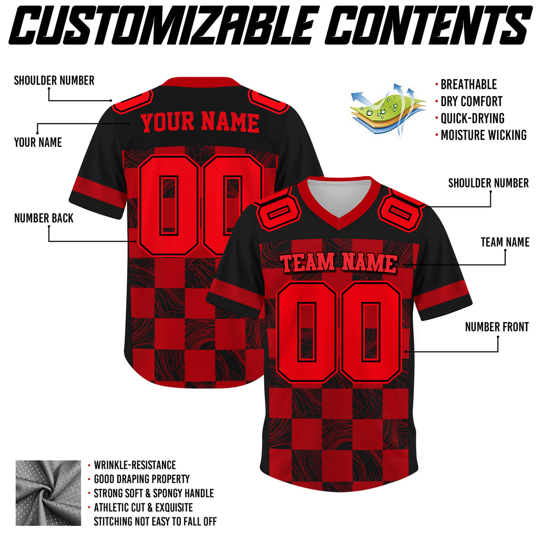 Custom Black Red Chess Pattern Football Jersey, Personalized Football Jersey Shirt For Adult Kid