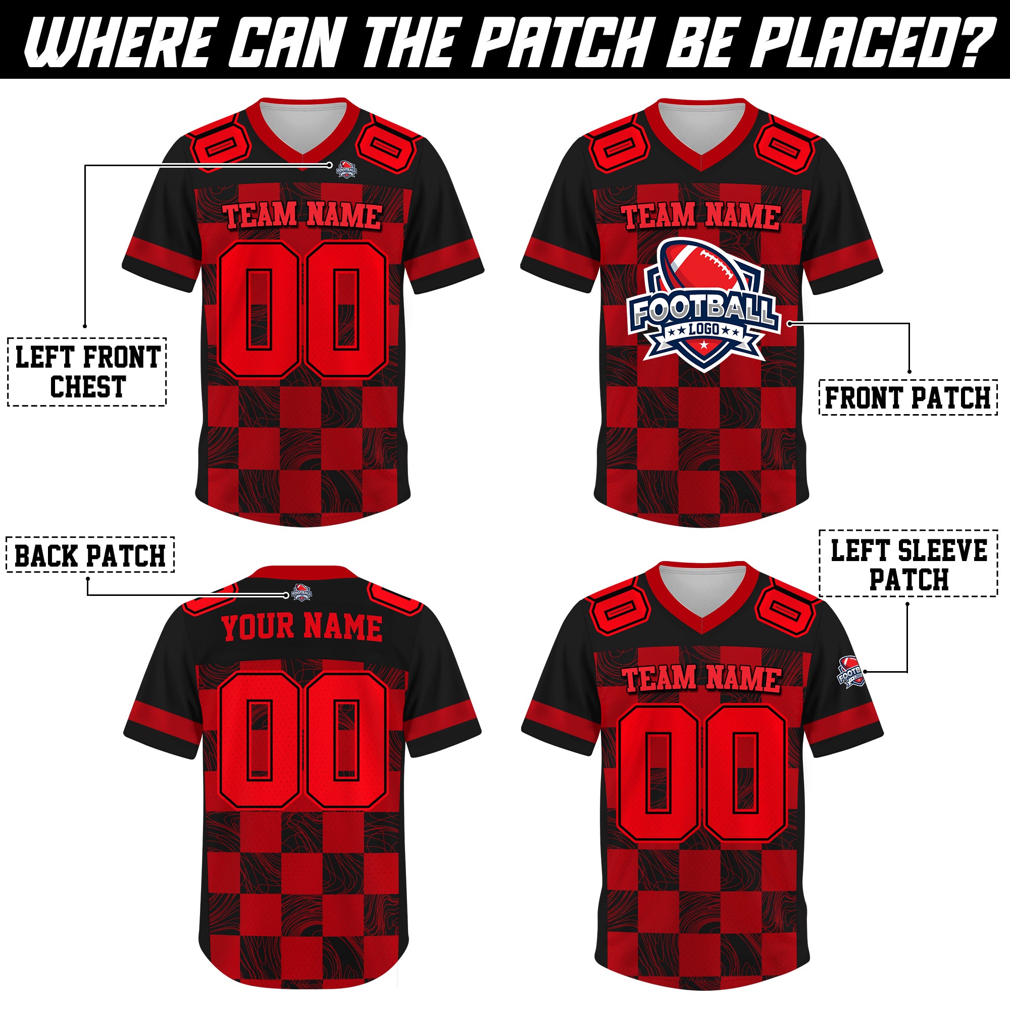 Custom Black Red Chess Pattern Football Jersey, Personalized Football Jersey Shirt For Adult Kid