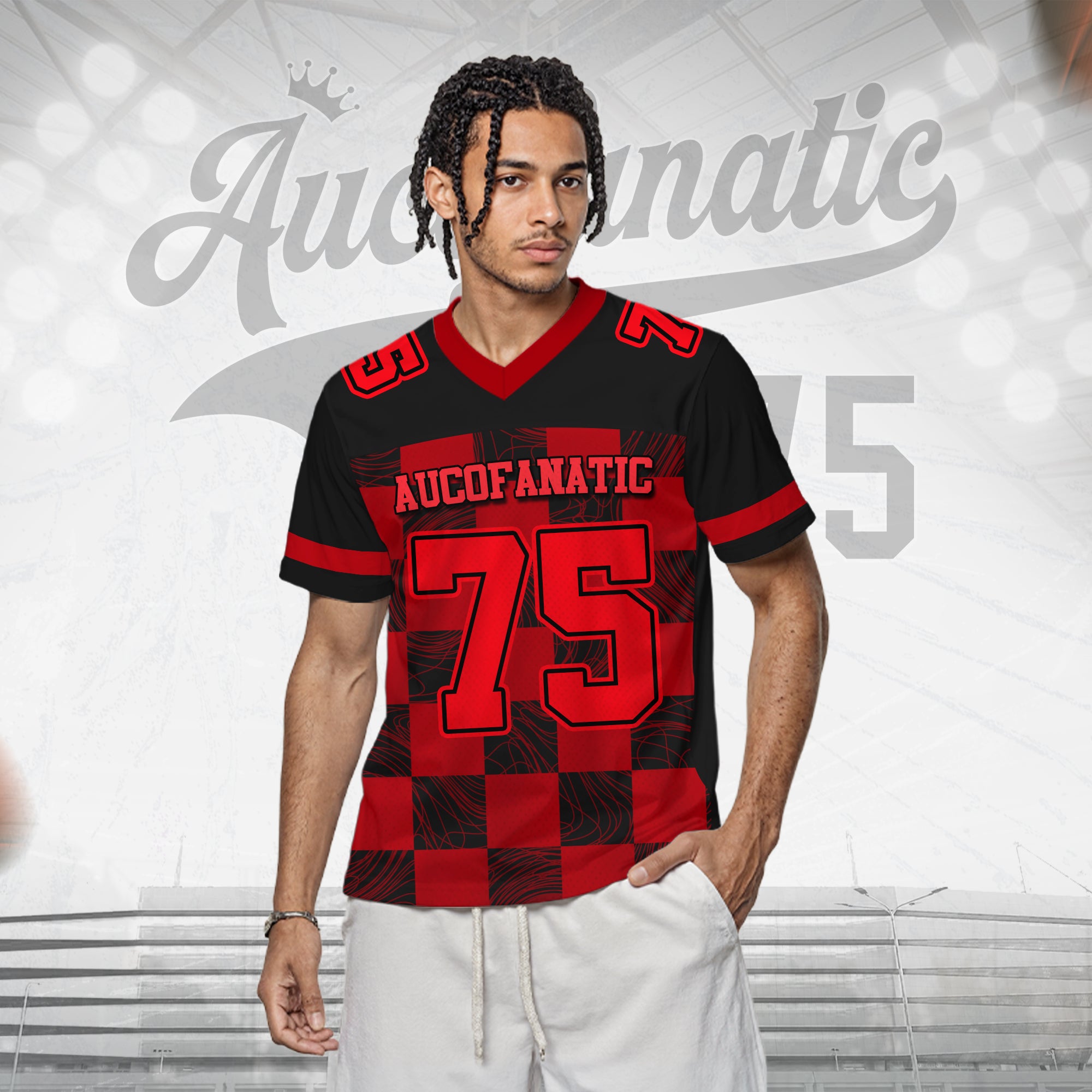 Custom Black Red Chess Pattern Football Jersey, Personalized Football Jersey Shirt For Adult Kid