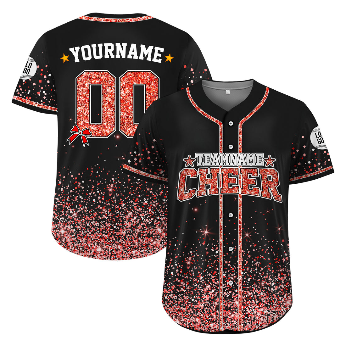 Custom Black Red Glitter Cheer Baseball Jersey, Personalized Cheer Team Uniform Shirt