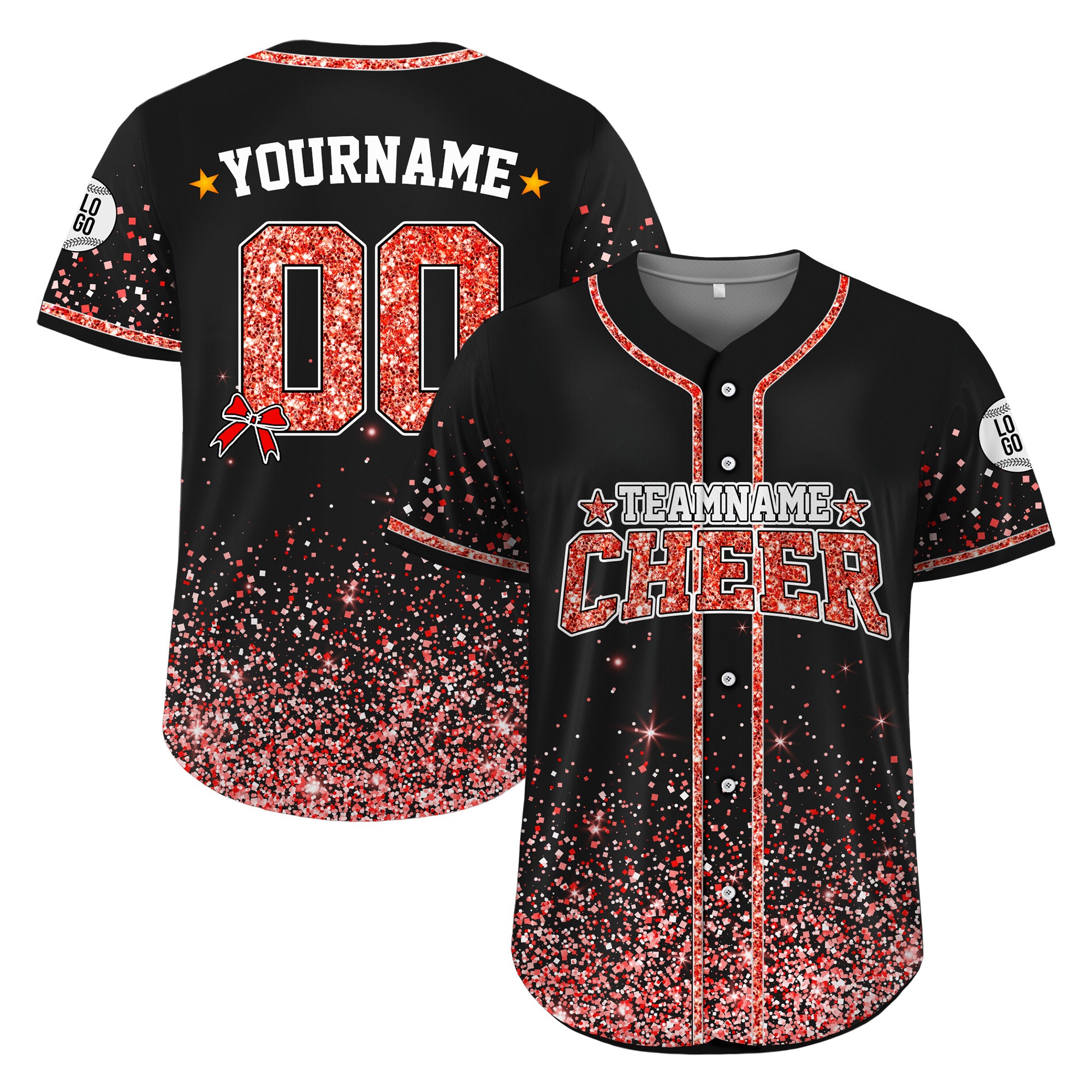 Custom Black Red Glitter Cheer Baseball Jersey, Personalized Cheer Team Uniform Shirt