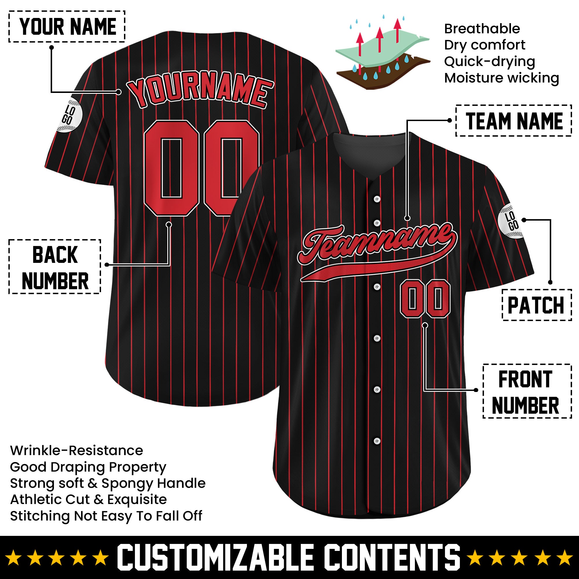 Custom Black Red Striped Baseball Jersey, Custom Baseball Jersey for Men Women Youth Kid
