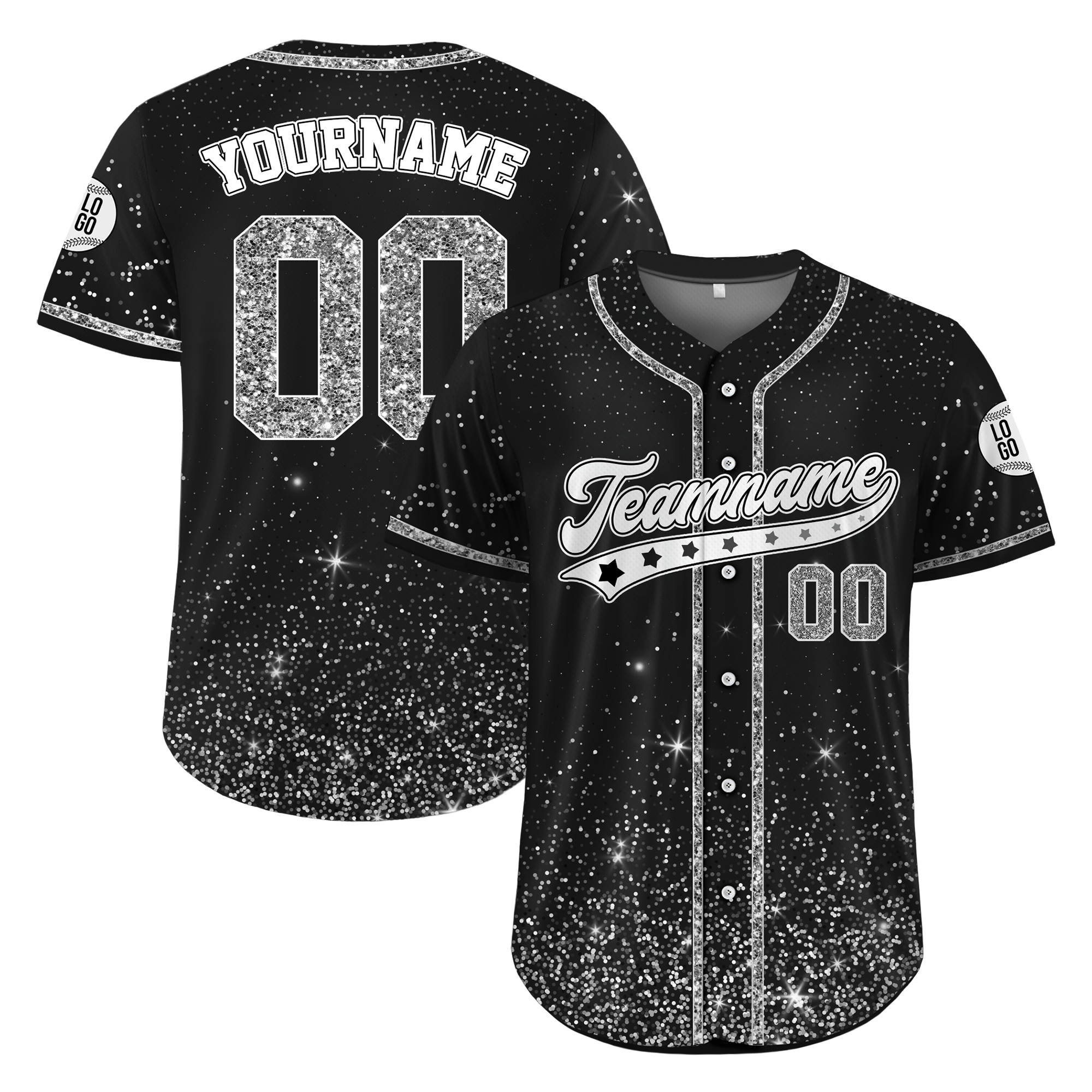 Custom Black Silver Glitter Cheer Baseball Jersey, Cheer Uniform Shirt in Adult Sizes S-4XL