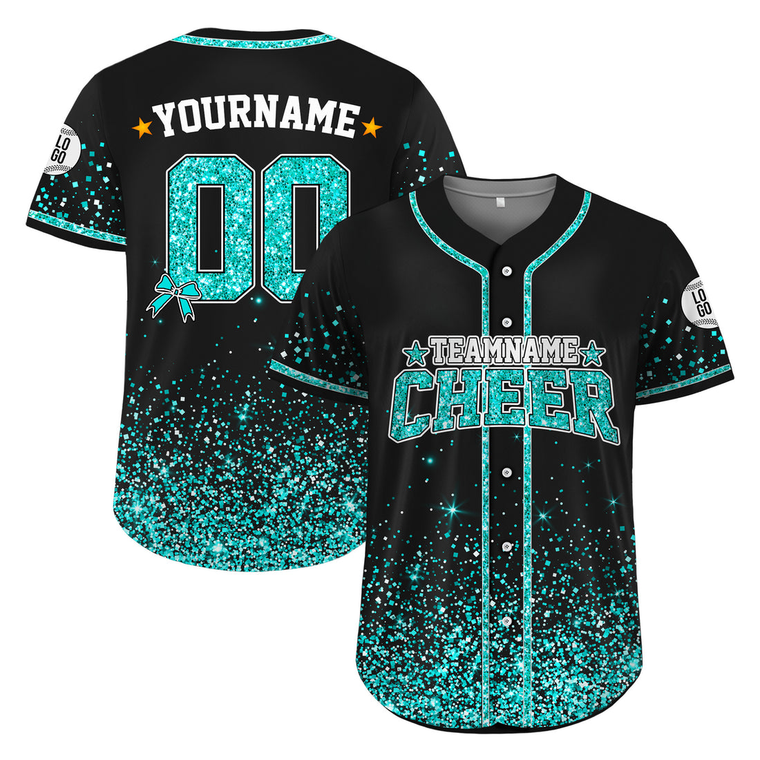 Custom Black Teal Glitter Cheer Baseball Jersey, Cheer Coach Appreciation Gift