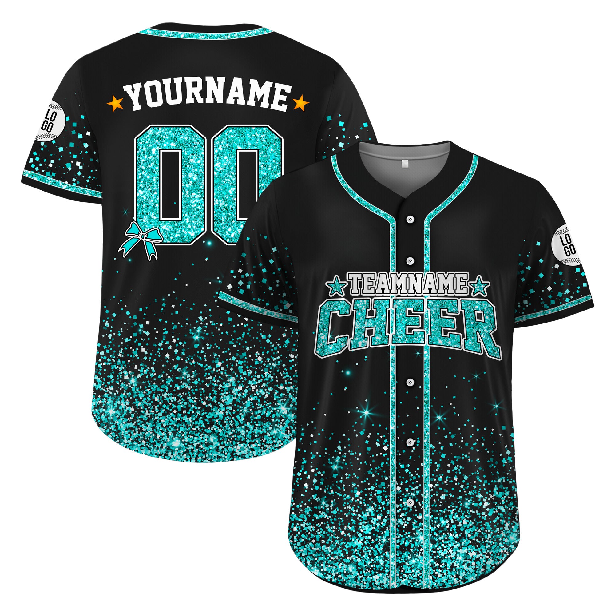 Custom Black Teal Glitter Cheer Baseball Jersey, Cheer Coach Appreciation Gift