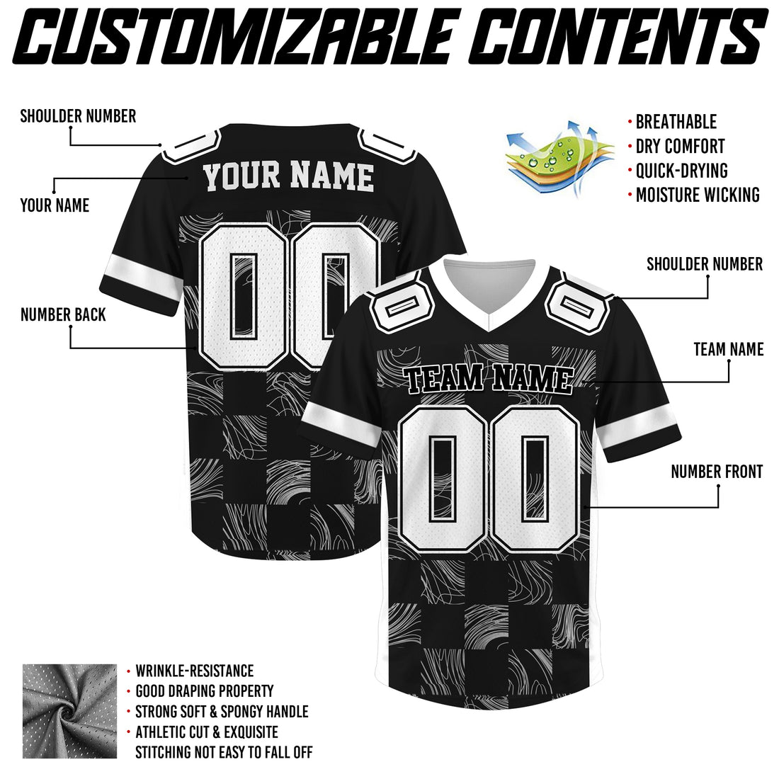 Custom Black White Chess Pattern Football Jersey, Custom Jersey Gift for Men Women Kid