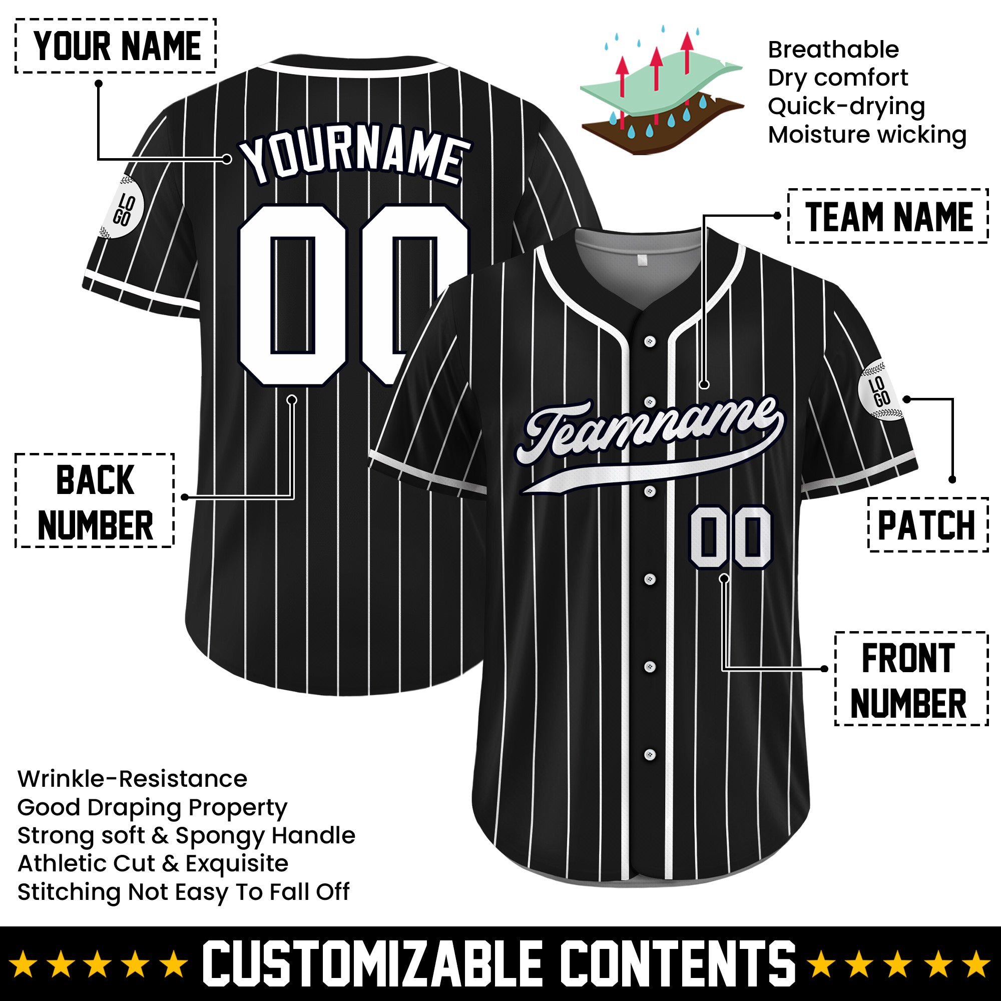 Custom Black White Pinstripe Baseball Jersey
