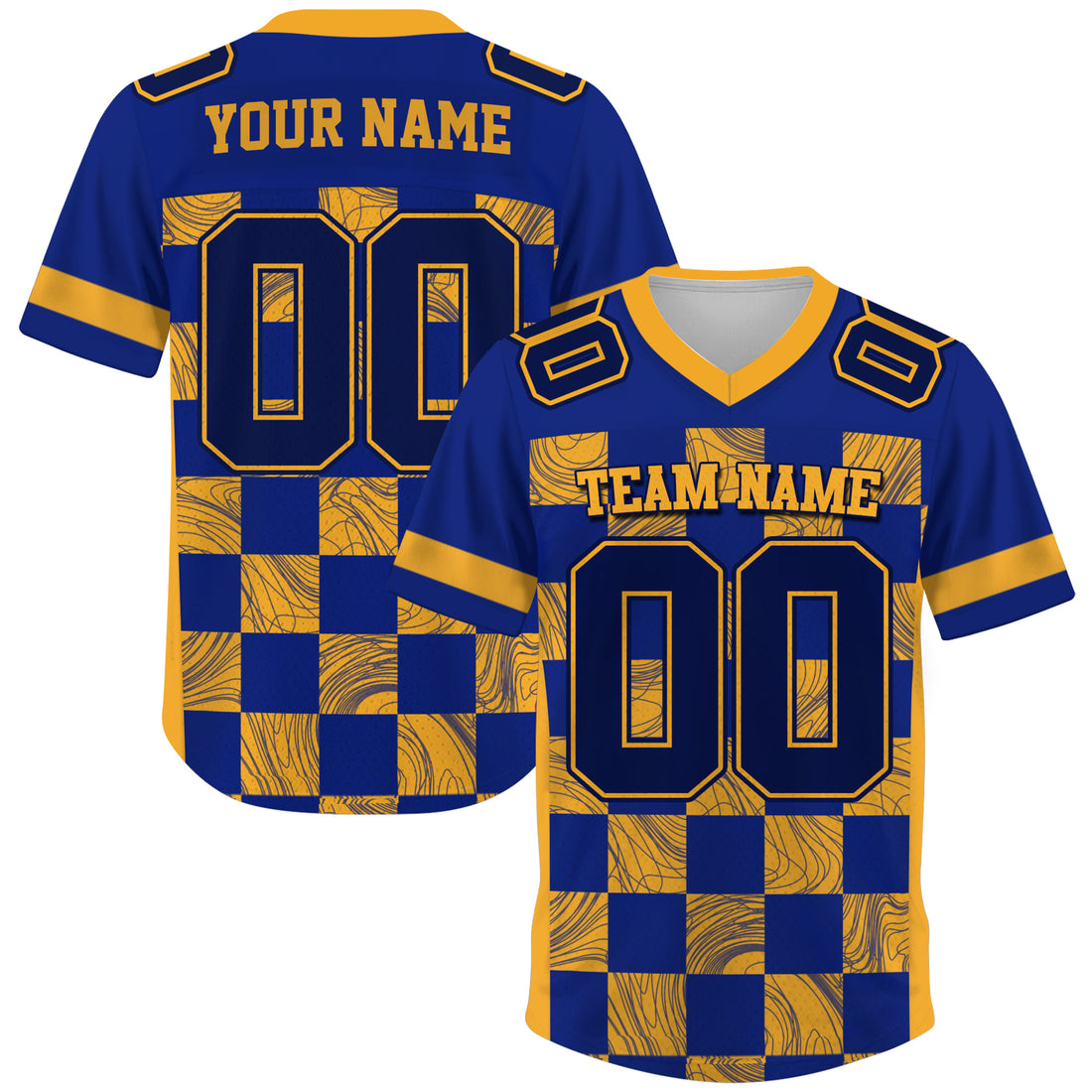 Custom Blue Gold Chess Pattern Football Jersey, Custom Football Jersey with Team Name Number Logo for Team