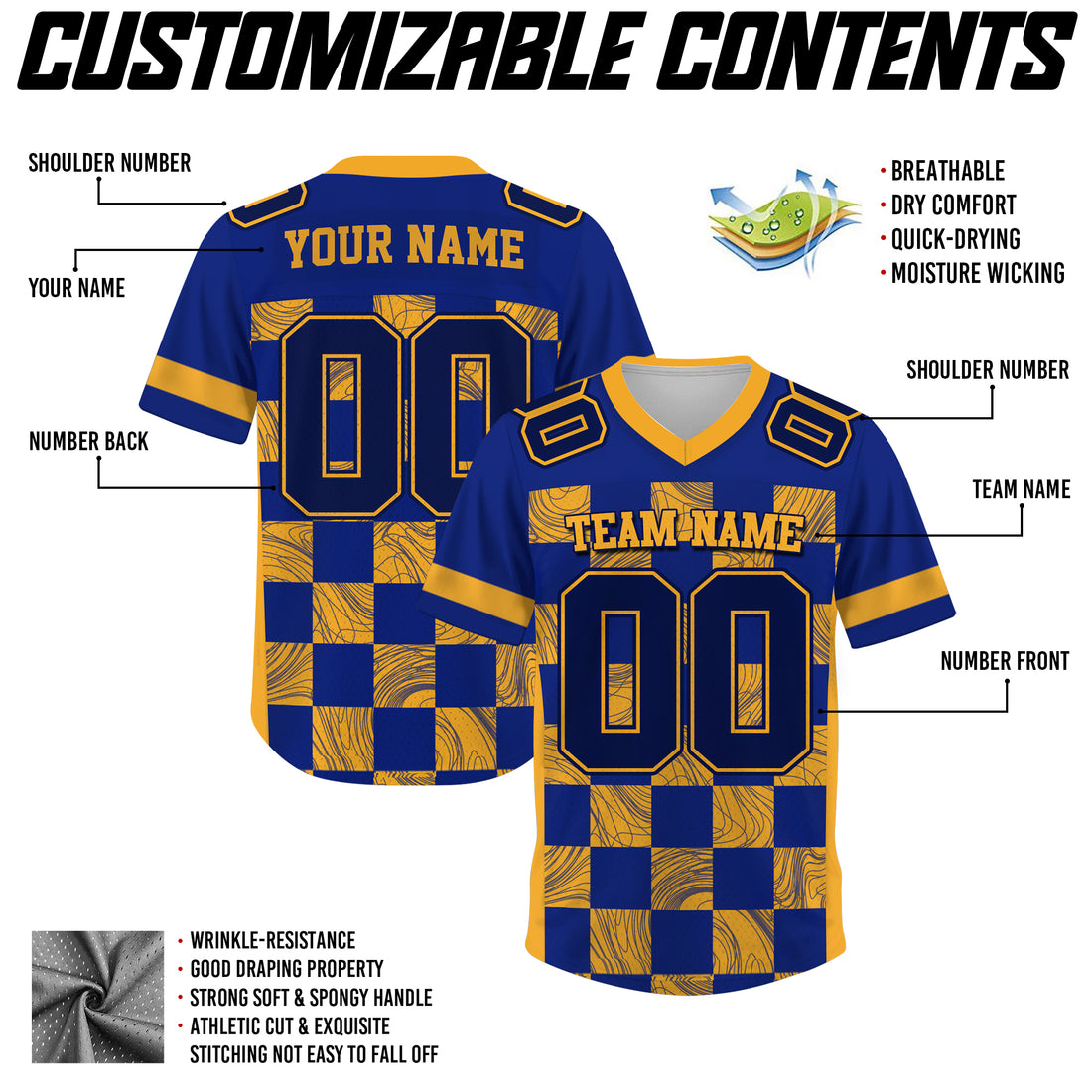 Custom Blue Gold Chess Pattern Football Jersey, Custom Football Jersey with Team Name Number Logo for Team