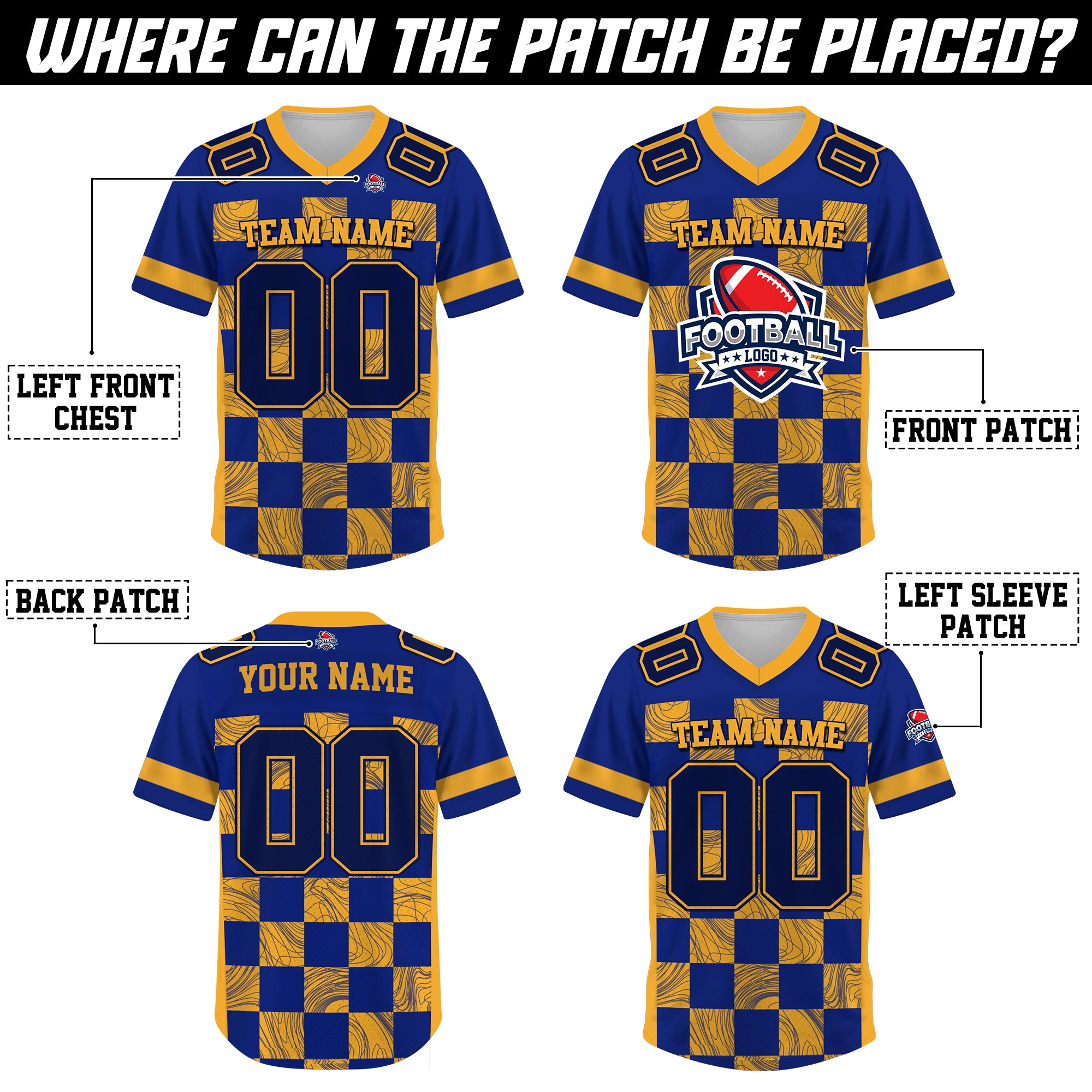 Custom Blue Gold Chess Pattern Football Jersey, Custom Football Jersey with Team Name Number Logo for Team